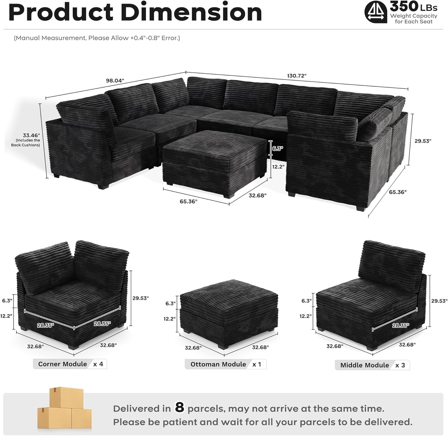 ovios Sectional Sofa Couch with U-Shape Chaise Sofa Bed, Comfy Modular Cloud Couches with Deep Seat, Modern Upholstered Plush Corduroy Sofas Set for Living Room, 8-Seater, Black