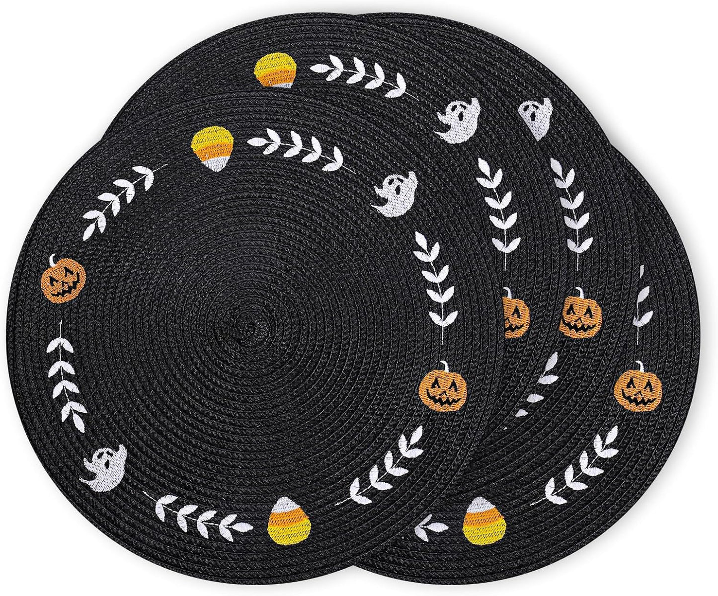 Whaline 4Pcs Round Halloween Placemats Embroidered Ghost Pumpkin Candy Corn Place Mats Black Spooky Dinner Table Mats for Halloween Party Decor