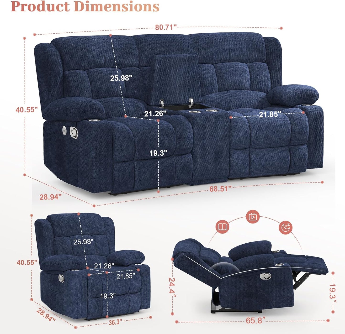 Recliner Sofa Set with 2+1 Pieces, Fabric Manual Pull Tab Reclining Loveseat with Storage Console, Single Recliner Chair for Living Room, RV, Blue