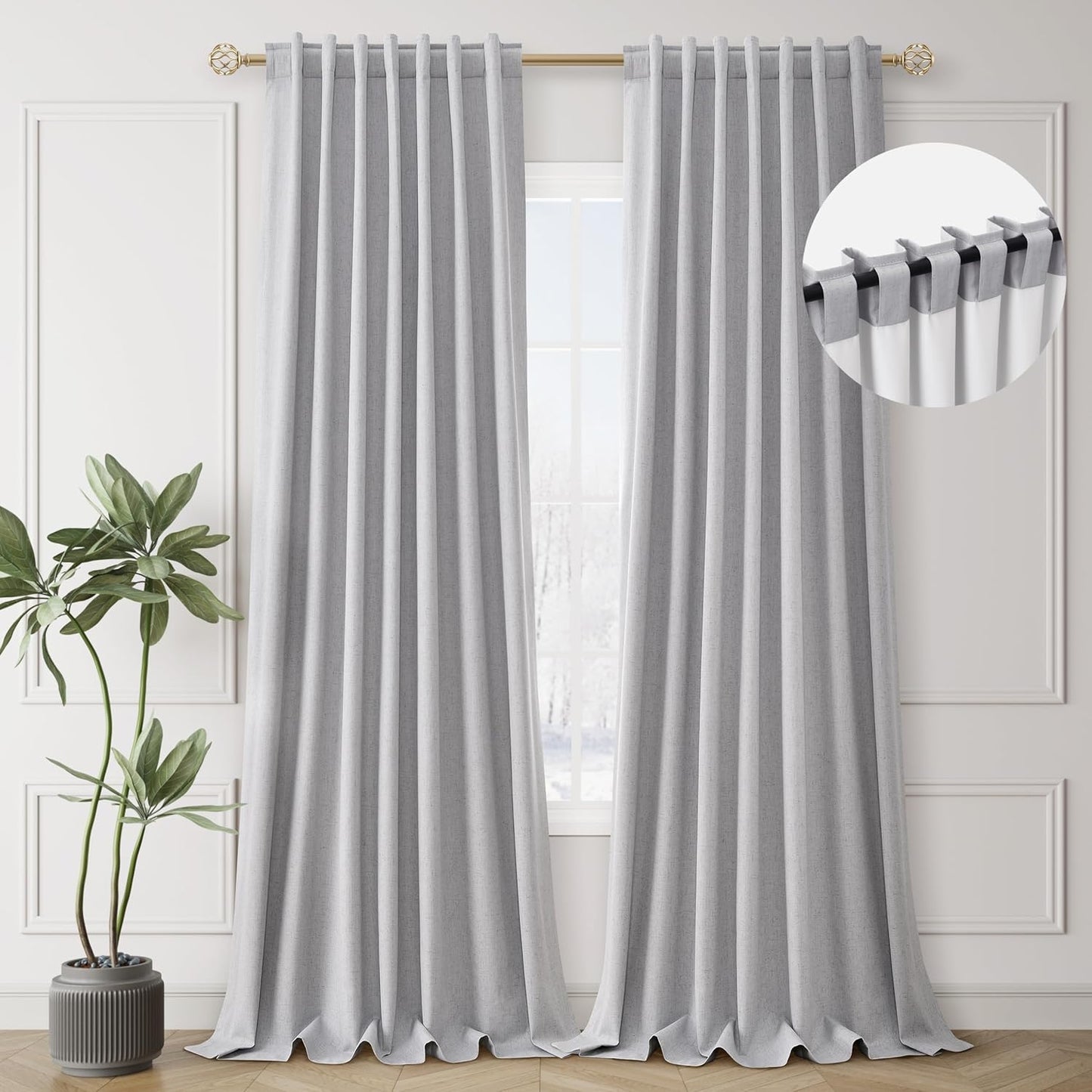 Natural Linen Black Out Curtains 108 Inches Long 2 Panels Set Back Tab Grey Room Darkening Curtains 100% Blackout Light Gray Thermal Insulated Drapes for Living Dining Room Patio Door Large Window