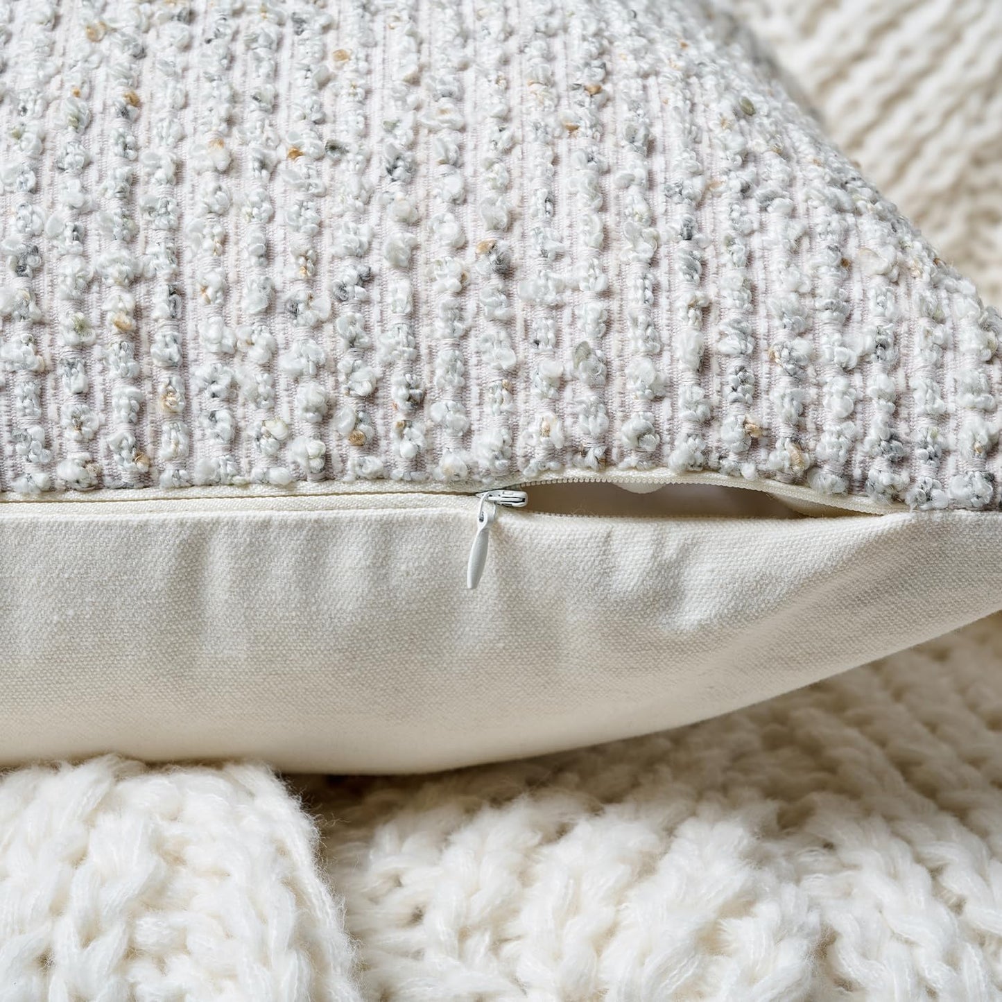 Striped Throw Pillow Covers 18x18 Set of 2 Cream Grey Textured Boucle Chic Morden Boho Accent Farmhouse Square Decorative Couch Pillow Covers for Home Decor Bed Sofa Living Room