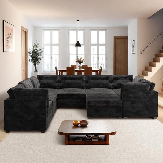 ovios Sectional Sofa Couch with U-Shape Chaise Sofa Bed, Comfy Modular Cloud Couches with Deep Seat, Modern Upholstered Plush Corduroy Sofas Set for Living Room, 8-Seater, Black