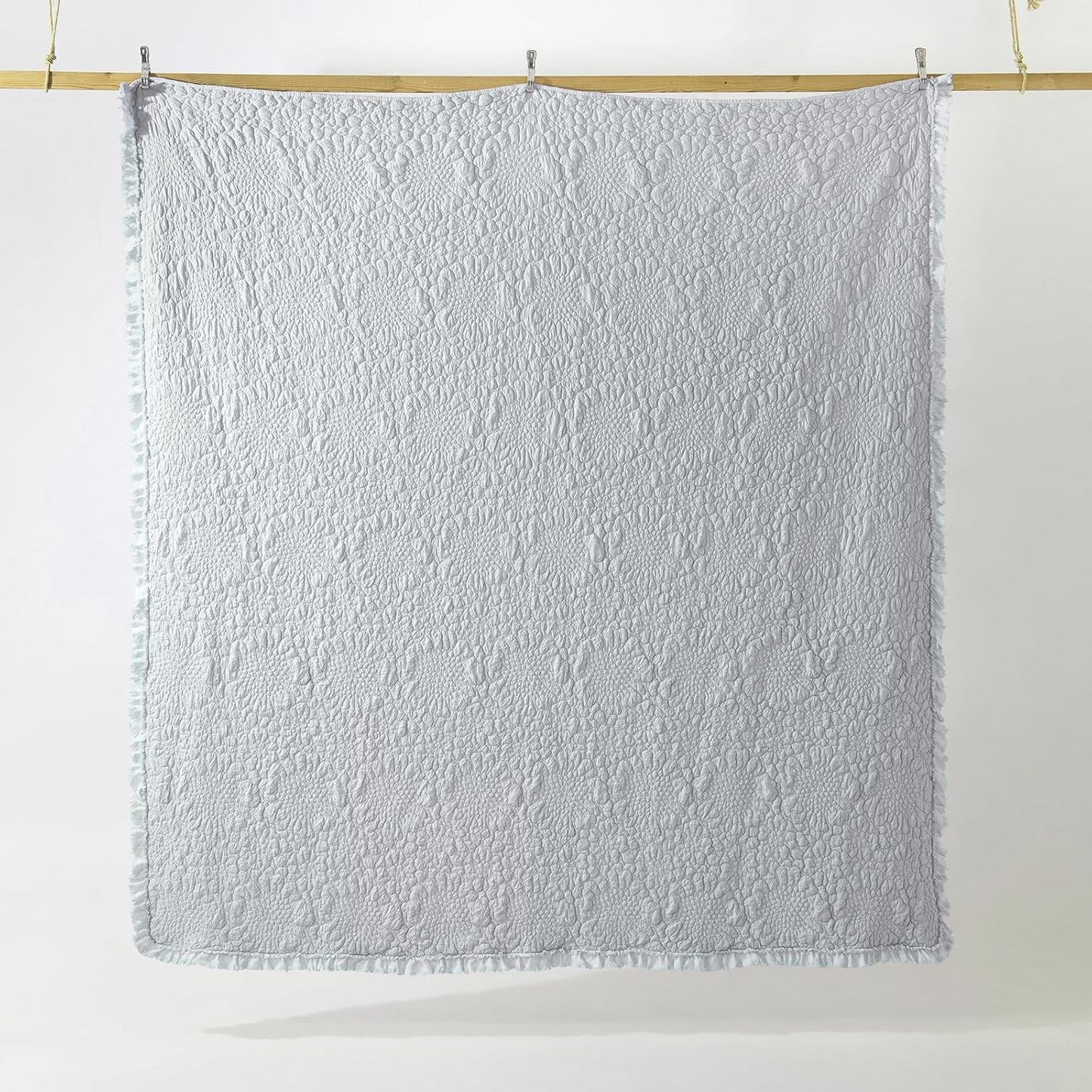 Light Blue Ruffled Quilt Queen Size, Stone-Washed Microfiber Lightweight Crinkled Farmhouse Rustic Shabby Chic Bedding Set, 3 Pieces Reversible Bedspread Coverlet with Pillow Shams for All Season