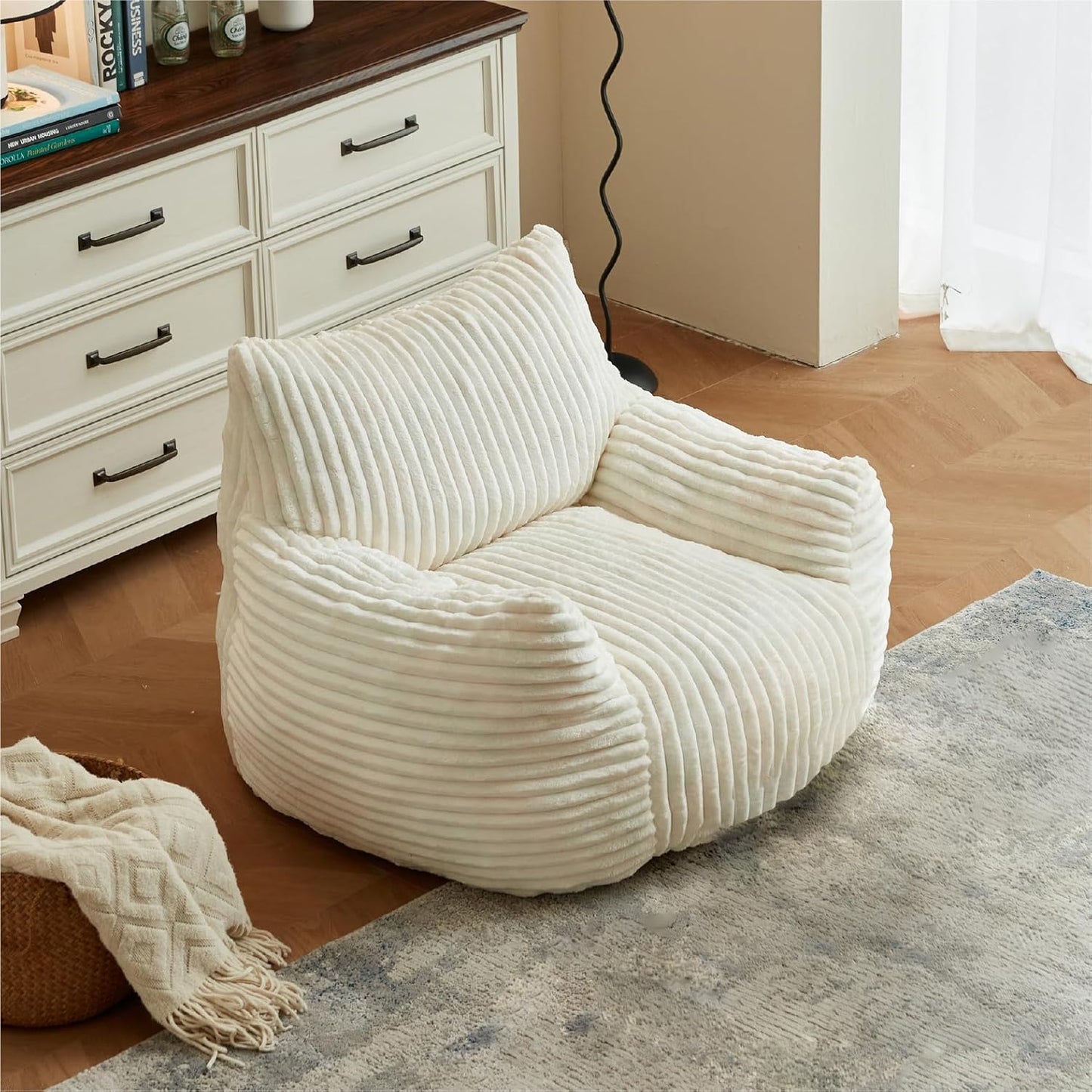 Premium Beige Bean Bag Chair for Adults with Armrest- Ultra Plush Memory Foam Lounge Sofa & Comfy Reading Nook Chair for Bedroom, Living Room & Dorm (White, Without Pedals)