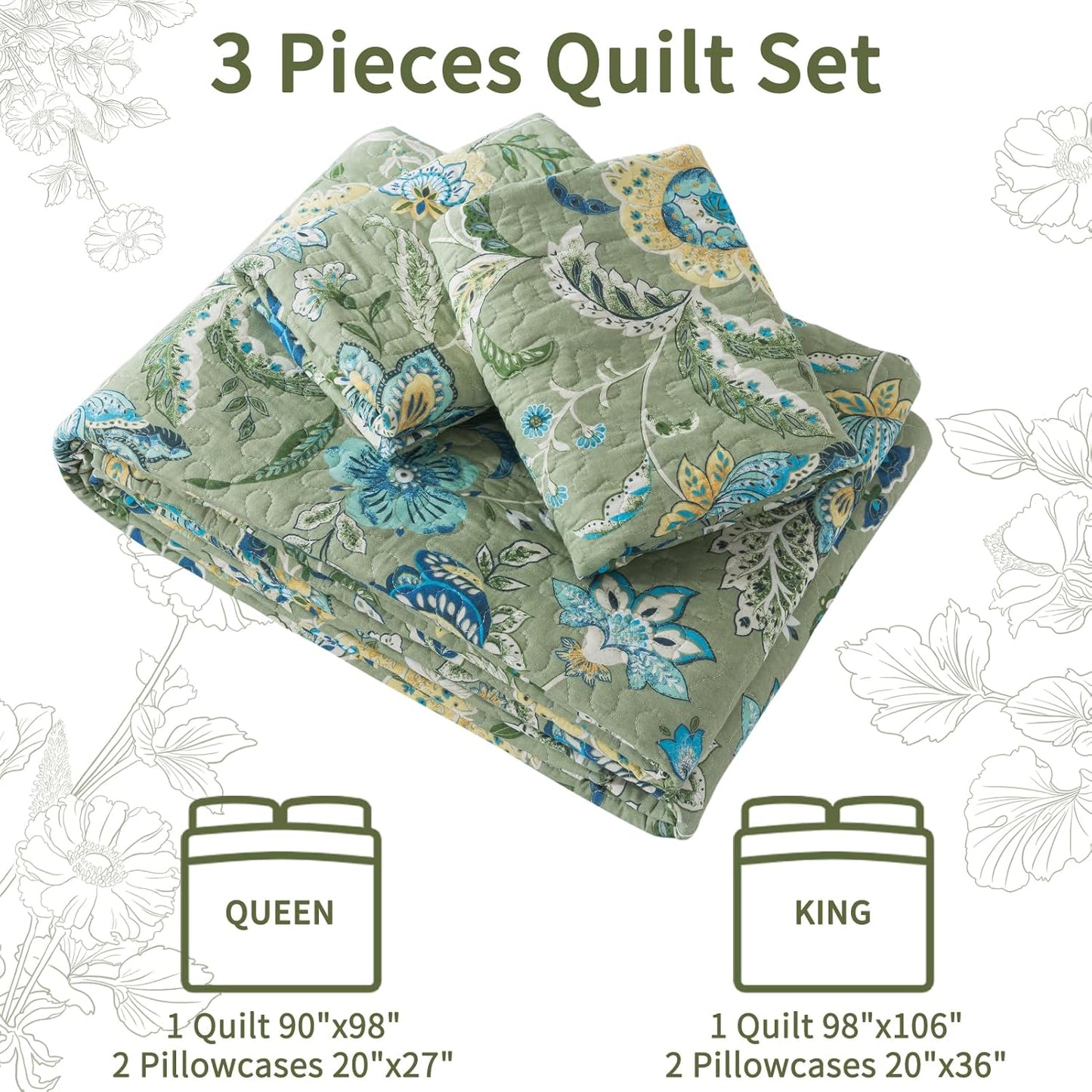 VAPUTAR King Quilt Bedding Set - Cotton Bedspreads King Size (98 x 106 inch) with Floral Pattern, Farmhouse Lightweight King Size Quilt Suitable for All Season（3 Pieces, Olive Green）