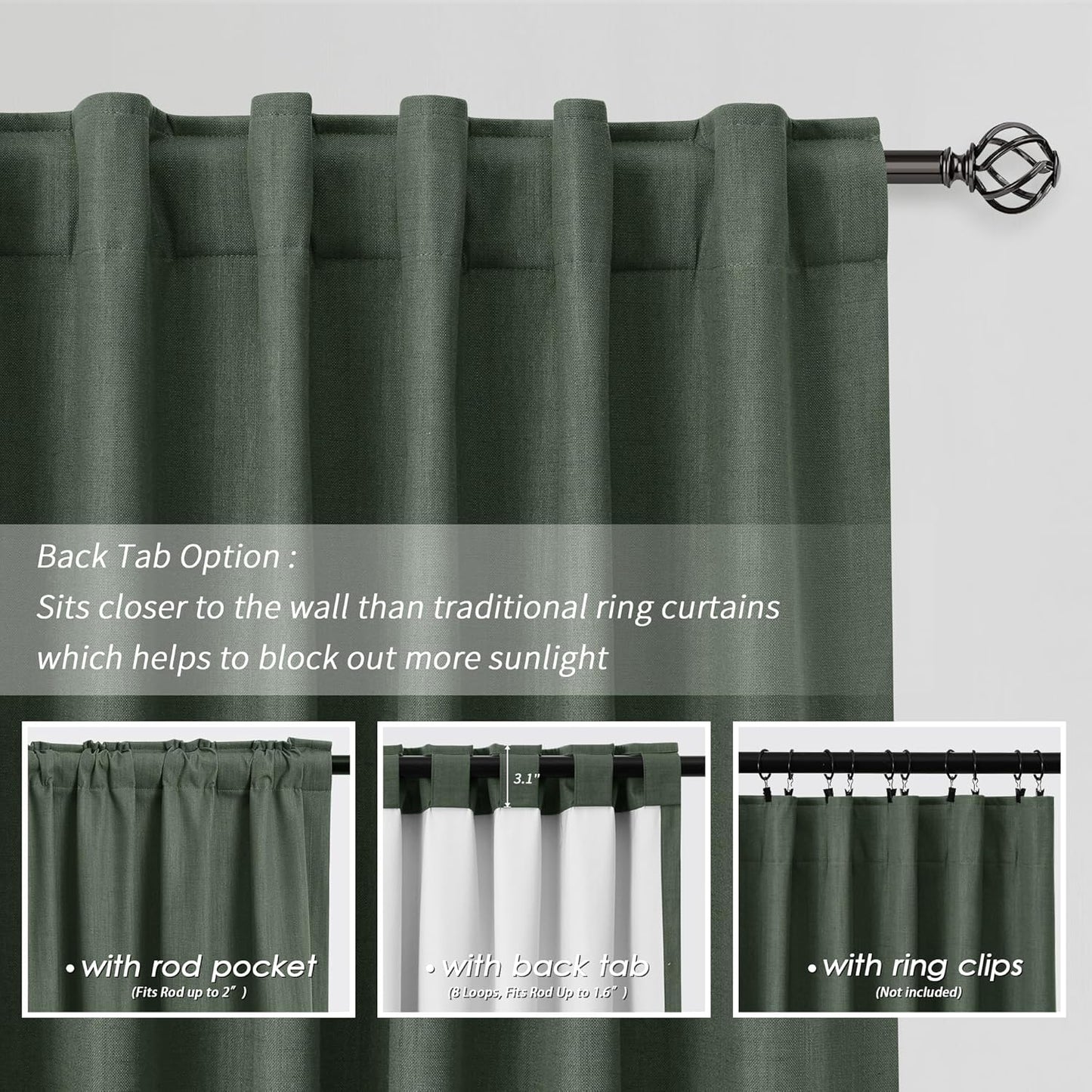 100 Inch Blackout Curtains 2 Panels Set Back Tab Rod Pocket Thermal Insulated Olive Green Linen Black Out Curtains Noise Reducing Living Room Darkening Window Drapes Linen Textured Loden 52x100