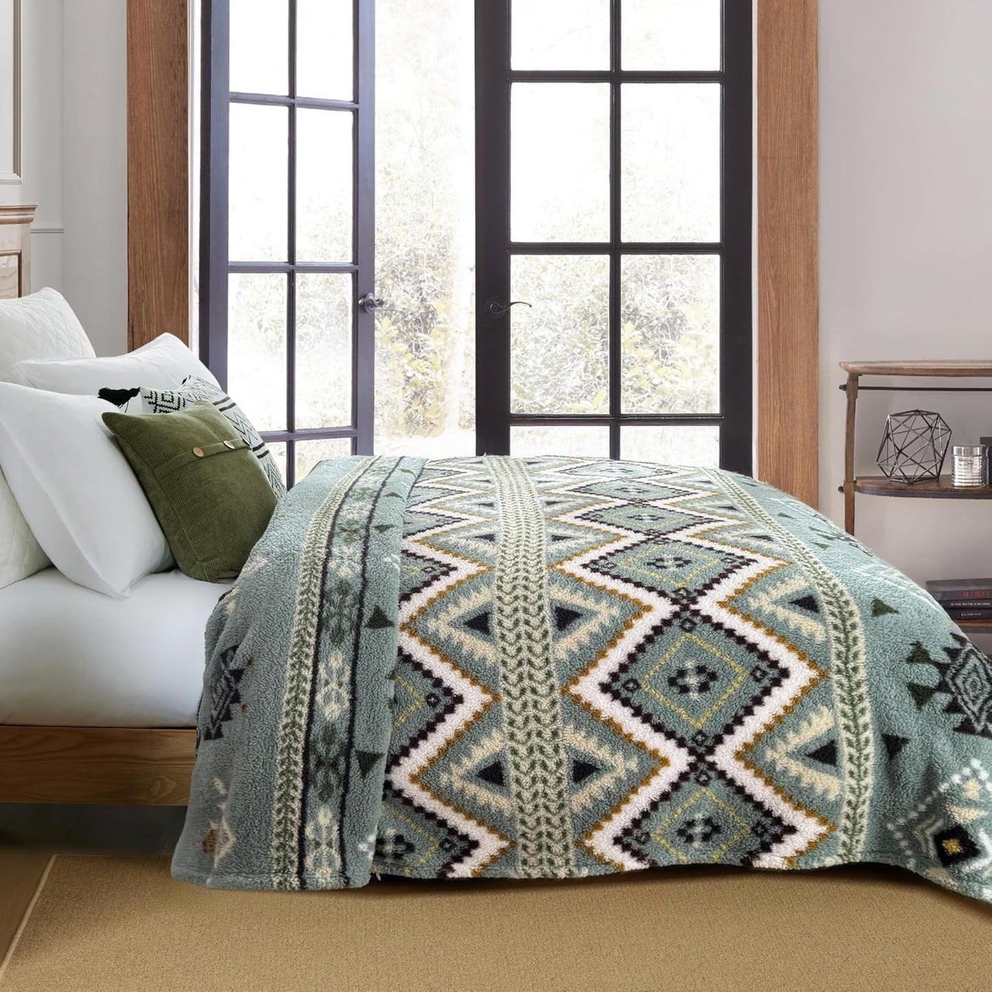 CASAAGUSTO Boho Sherpa Throw Blanket, Aztec Queen Blanket, Ultra Soft, Warm, Cozy, Plush, Thick Fleece Bohemian Throw Blanket for Couch, Bed, Sofa (Olive Green 90 * 90 Inch)