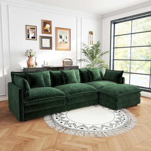 Sectional Sofa 3 Seater with Movable 1 Ottoman,Oversized Modular Couch Deep Seat (Green, 111.5 inch-L)