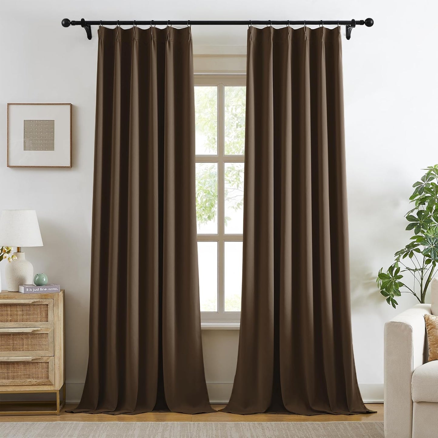 KangBang Brown Pinch Pleated Blackout Curtains 120 Inches Long for Hall Windows, Sound Dampening Light Blocking Soft & Vertical Window Panels Ceiling to Floor for Villa 2 Panels, 40Wx120L