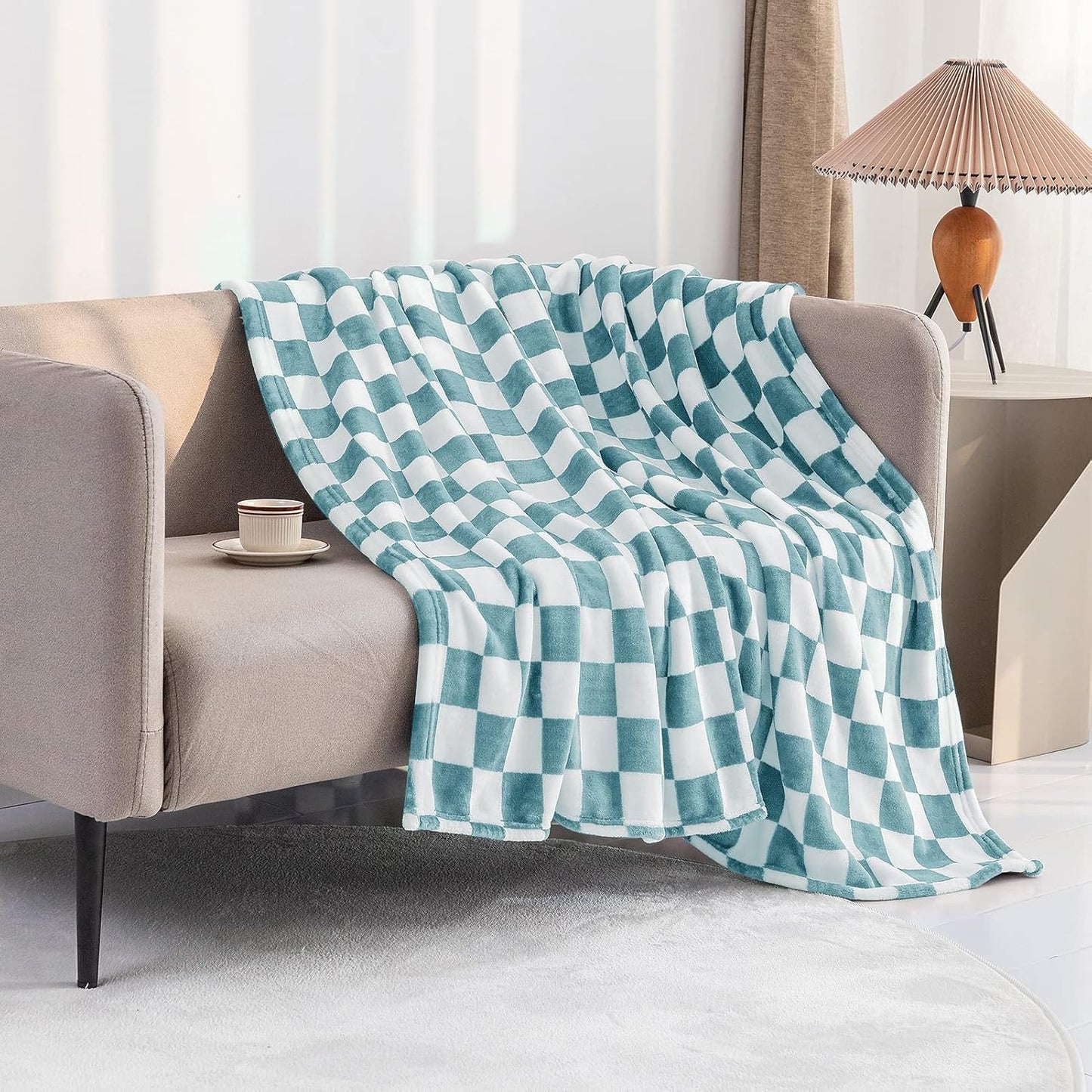 LOMAO Throw Blankets Flannel Blanket with Checkerboard Grid Pattern Soft Throw Blanket for Couch, Bed, Sofa Luxurious Warm and Cozy for All Seasons (Light Blue, 60"x80")