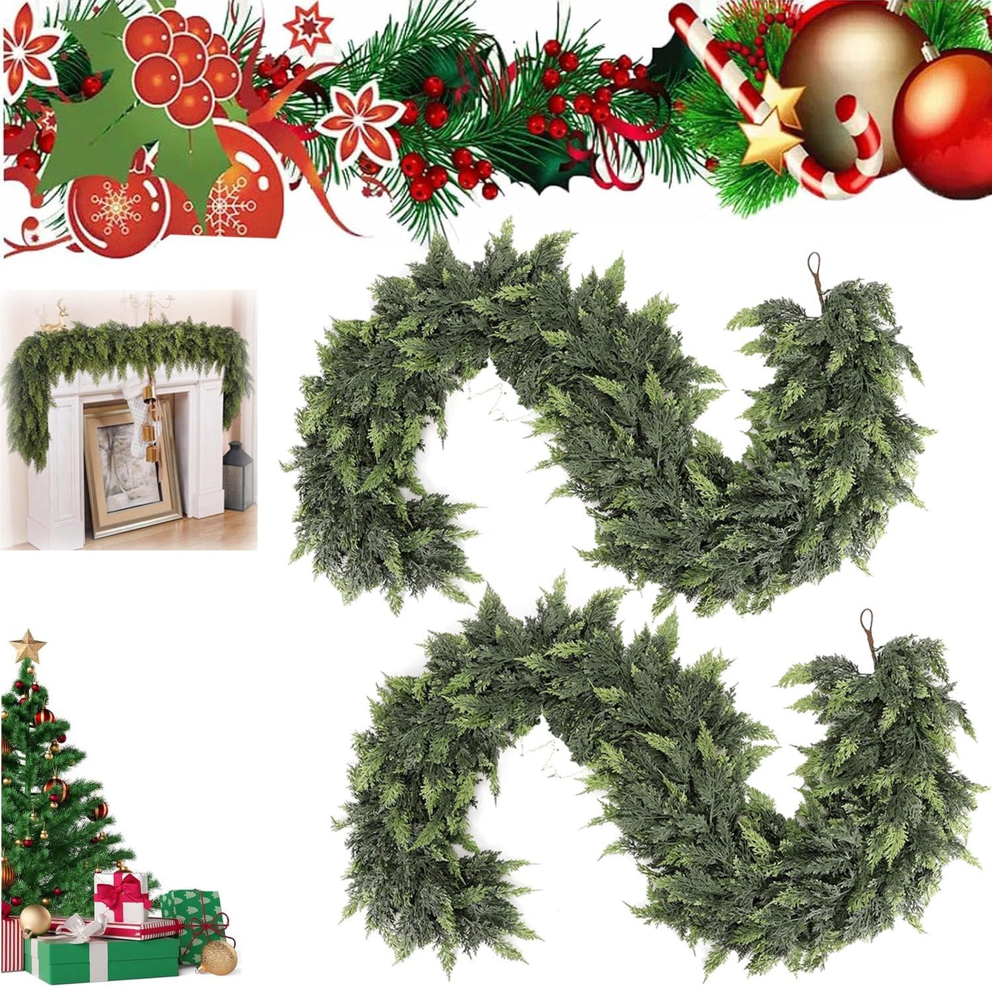 6 Ft Artificial Cedar Garlands – Real Touch Winter Greenery, Realistic Artificial Cedar Tree Christmas Pine Garland Decorations for Table Mantle Wall Indoor Fireplace Holiday Party (6ft, 2)