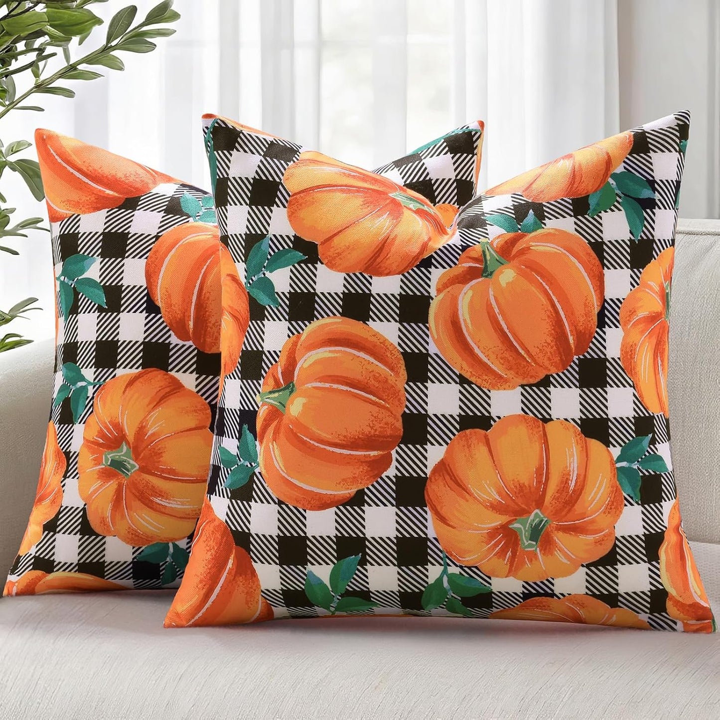 decorUhome Fall Orange Pumpkin Decorative Throw Pillow Covers 16x16 Set of 2, Buffalo Plaid Check Farmhouse Cushion Covers for Autumn Harvest Couch Sofa Bed Home Decor