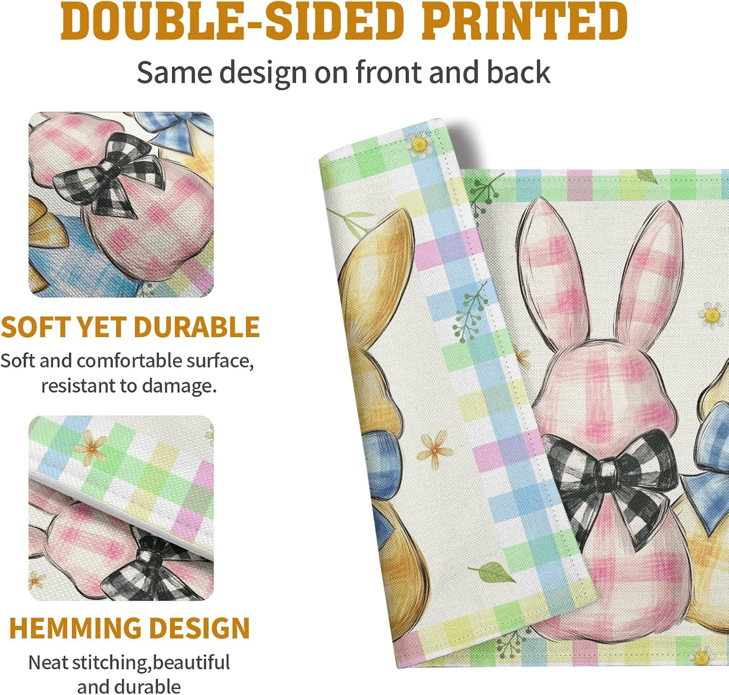 Easter Bunny Placemats Set of 4 Green Blue Pink Yellow Buffalo Plaid Rabbits Floral Bow Place Mats 12x18 Inch Happy Easter Table Mats for Spring Party Kitchen Dining Holiday Decor