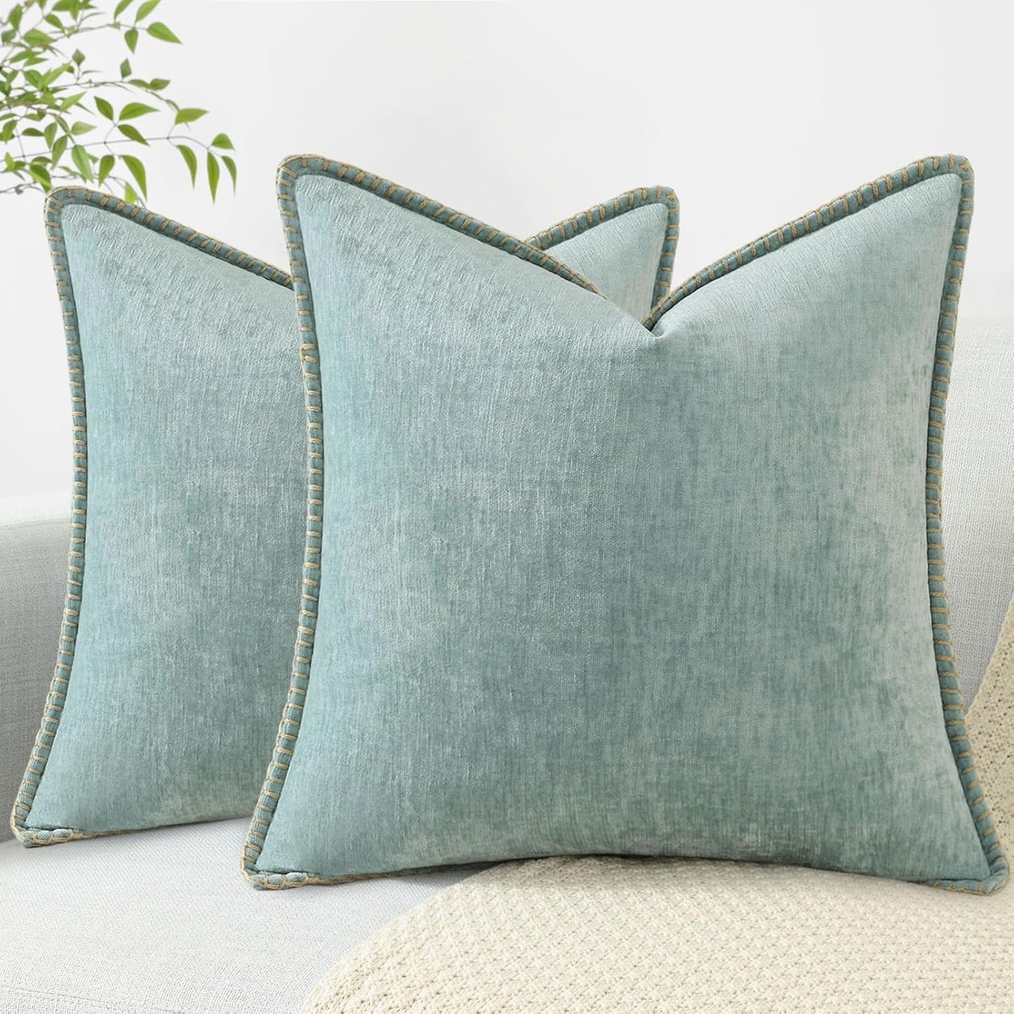 decorUhome Chenille Soft Throw Pillow Covers 16x16 Set of 2, Farmhouse Velvet Neutral Decorative Euro Pillow Covers with Stitched Edge for Couch Sofa Bed Home Decor, Aqua Haze