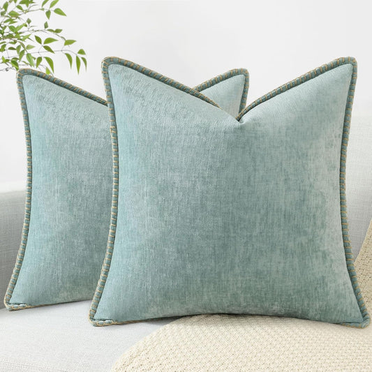 decorUhome Chenille Soft Throw Pillow Covers 22x22 Set of 2, Farmhouse Velvet Neutral Decorative Euro Pillow Covers with Stitched Edge for Couch Sofa Bed Home Decor, Aqua Haze