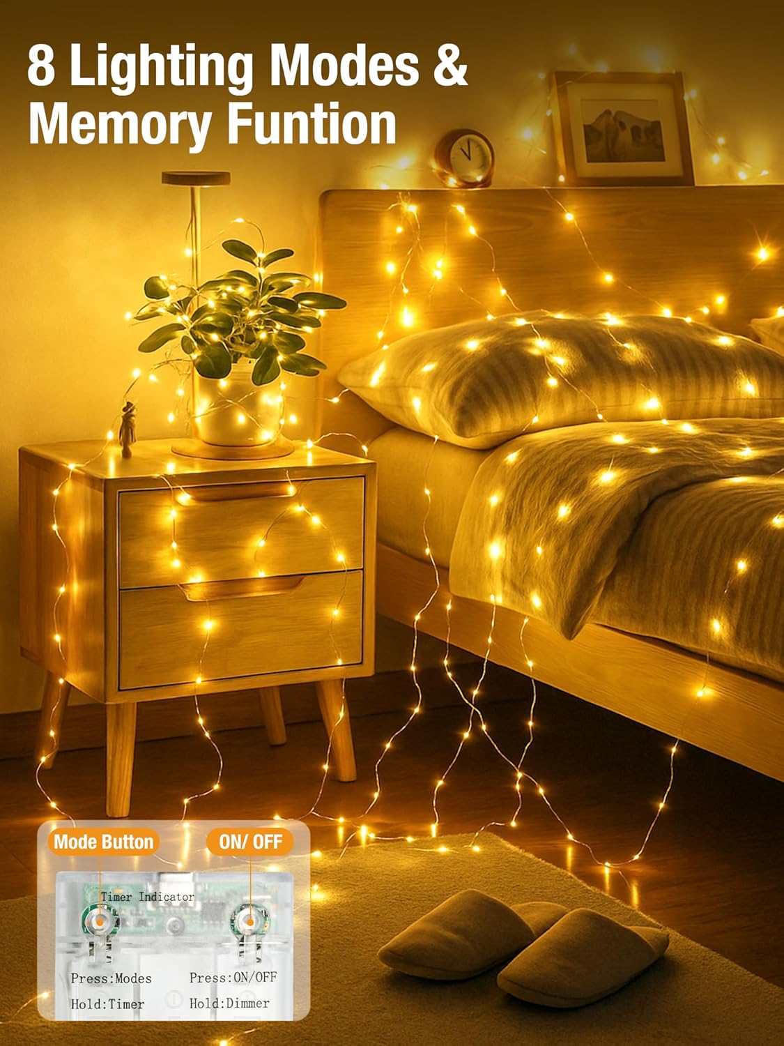 btfarm 4 Pack Fairy Lights Battery Operated with Timer, 16.4 FT 50 LED Twinkle String Lights 8 Modes Dimmable Waterproof Silver Wire for Indoor Bedroom Christmas Party Wedding Decorations, Warm White