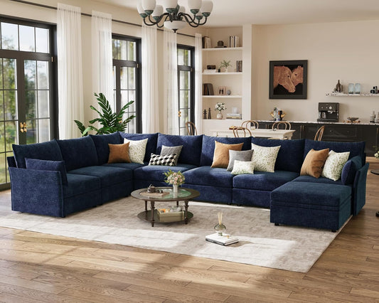 166.6" Oversized Modular Sectional Sofa, U Shaped Convertible Couch with Movable Ottoman, Large 8 Seat Corner Couches for Living Room Deep Seat Blue Chenille
