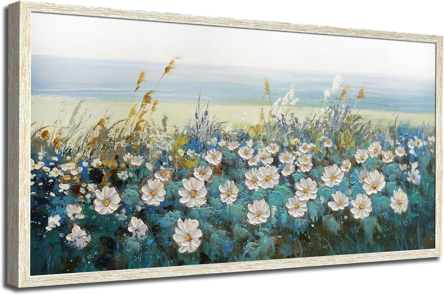 Arjun Flowers Wall Art Canvas White Daisy Floral Painting Blue Coastal Landscape Picture Modern Artwork for Living Room Bedroom Bathroom Dinning Room Office Home Wall Decor Large Framed 40"x20"