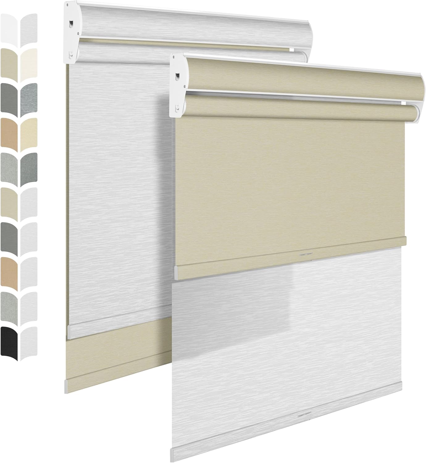 BERISSA Cordless Dual Roller Shades with Cassette Valance, Double Window Shades - Blackout and Light Filtering, Day and Night for Home Office Door. Beige and White. 30 W x 56" H