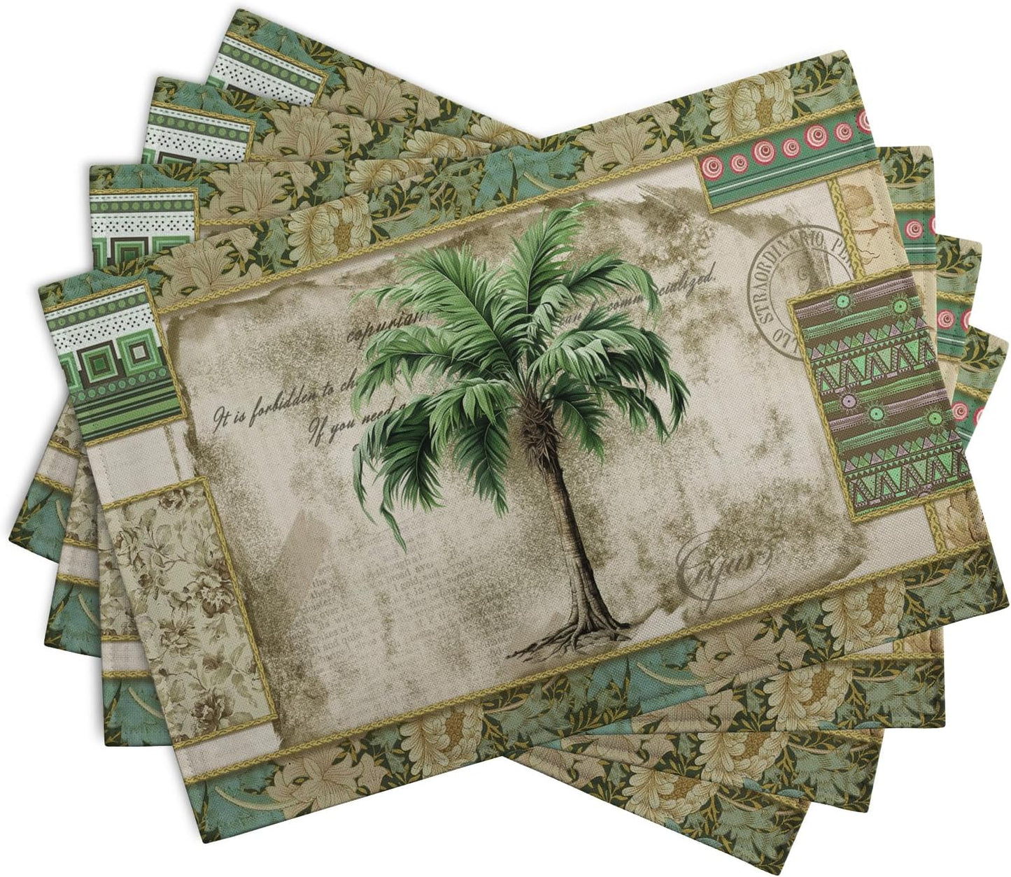 Tropical Palm Tree Placemats Set of 4 Summer Vintage Green Leaf Kitchen Table Mat 12x18 Inch Hawaii Beach Jungle Plant Tree Heat Resistant Washable Linen Place Mats for Dining Tables