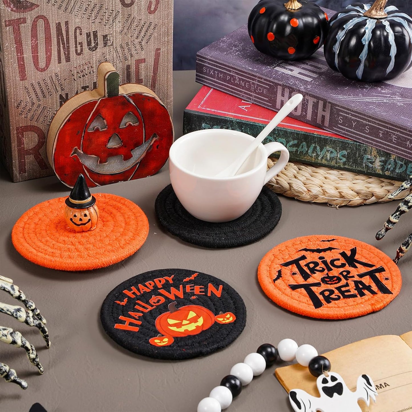Whaline Happy Halloween Cotton Coasters Black Orange Pumpkin Face Handmade Braided Drink Coasters Absorbent Cup Mats for Trick or Treat Party Home Table Decor, Set of 4