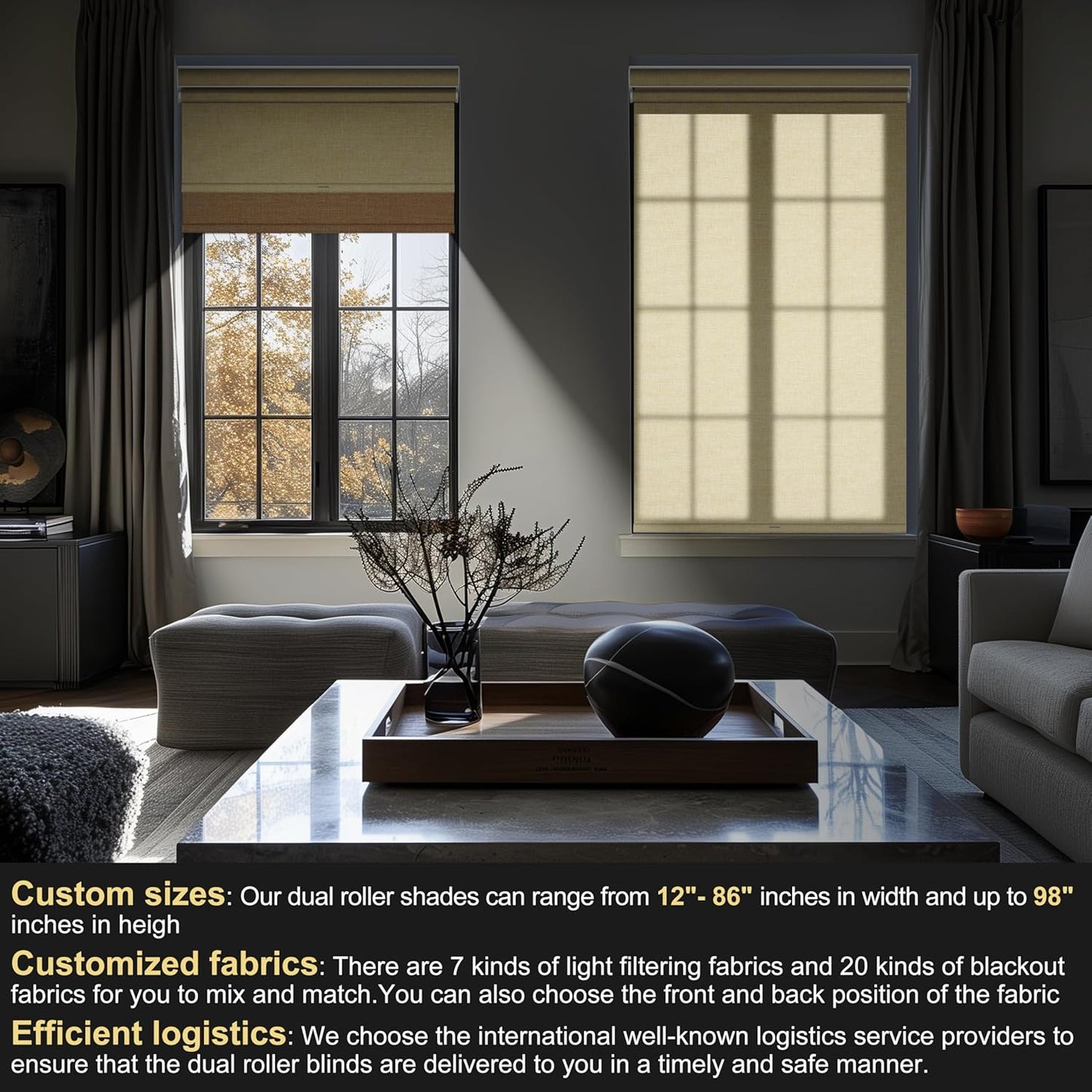 BERISSA Cordless Dual Roller Shades with Cassette Valance, Double Window Shades - Blackout and Light Filtering, Day and Night for Home Office Door - Linen Beige - 32 W x 86" H