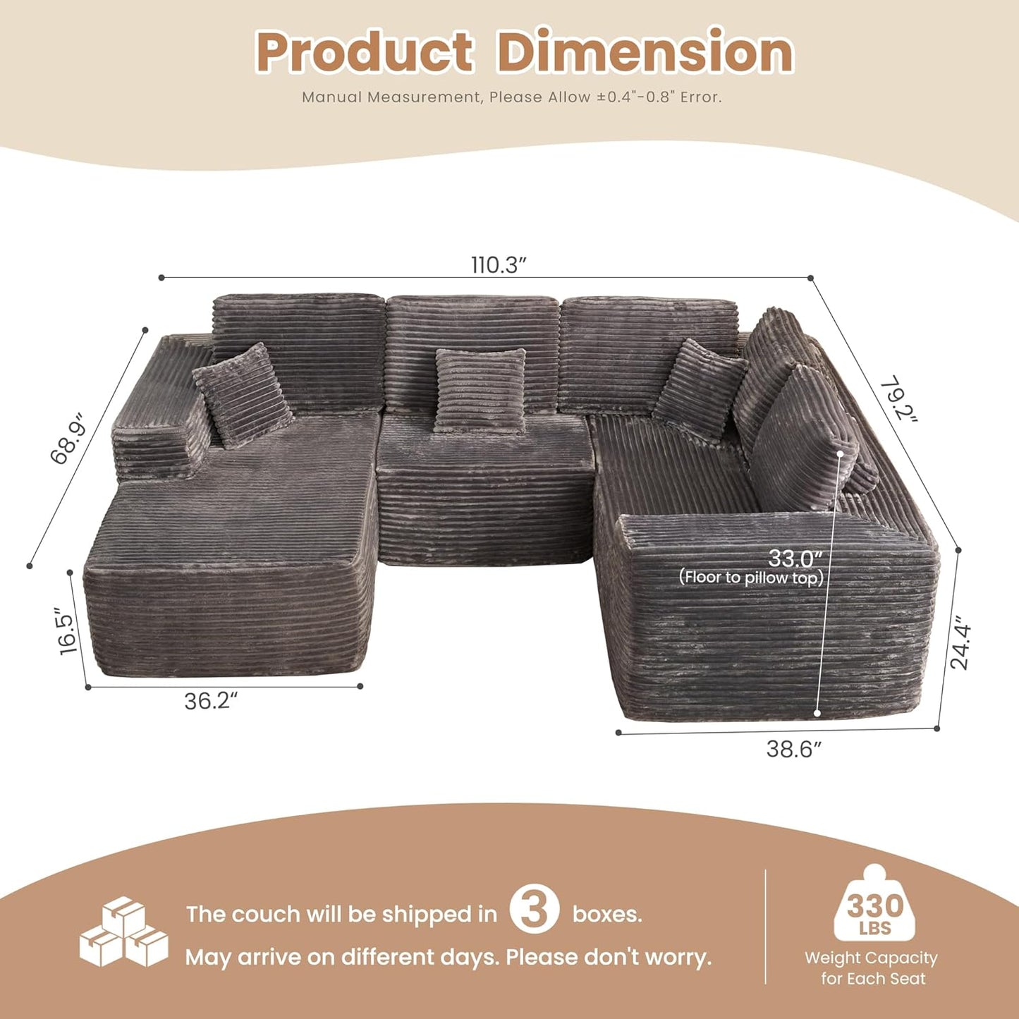 HOOOWOOO Cloud Sectional Couches for Living Room,Modular Sectional Sofa No Assembly,110X79 Inch Plush Corduroy Large U Shaped Floor Couch Set with Deep Seat Chaise(Gray)