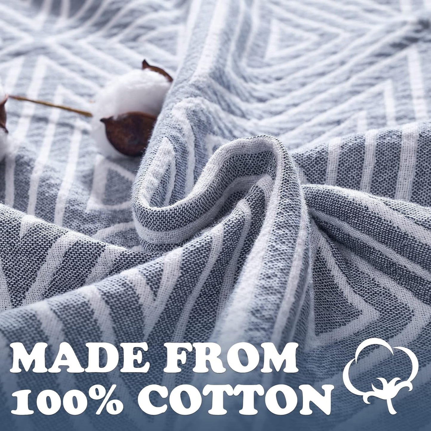 JINCHAN Boho 100% Cotton Blanket Muslin Twin Size 60x80 Inches Lightweight 3-Layer Geometric Triangle Striped Pattern Reversible Quilt Throw Soft Breathable Comfy All Seasons for Couch Bed Decor, Blue