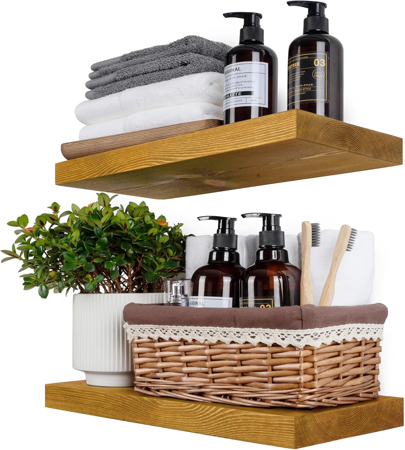 BGMG Wood Floating Shelves for Wall 16 inch Set of 2, Rustic Wooden Wall Mount Shelves for Living Room Bedroom Kitchen Farmhouse-16x6.7x1.25 inch- Gold Oak