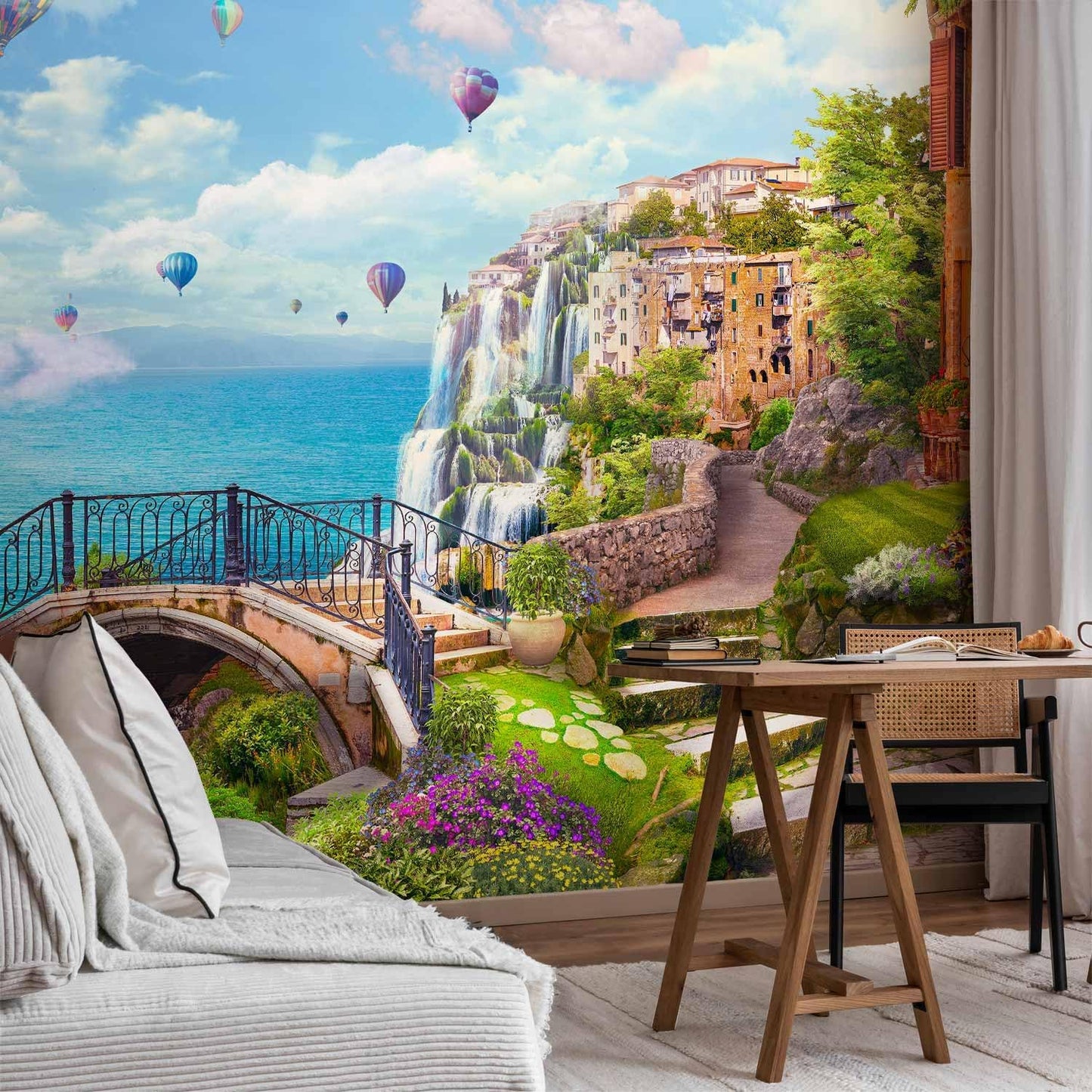 artgeist Wall Mural Peel and Stick Landscape 212x98 in - XXL Self-Adhesive Corner Wallpaper Removable Large Sticker Foil Angle Wallpaper Baloons Waterfall Architecture Landscape Clouds c-B-10182-a-a