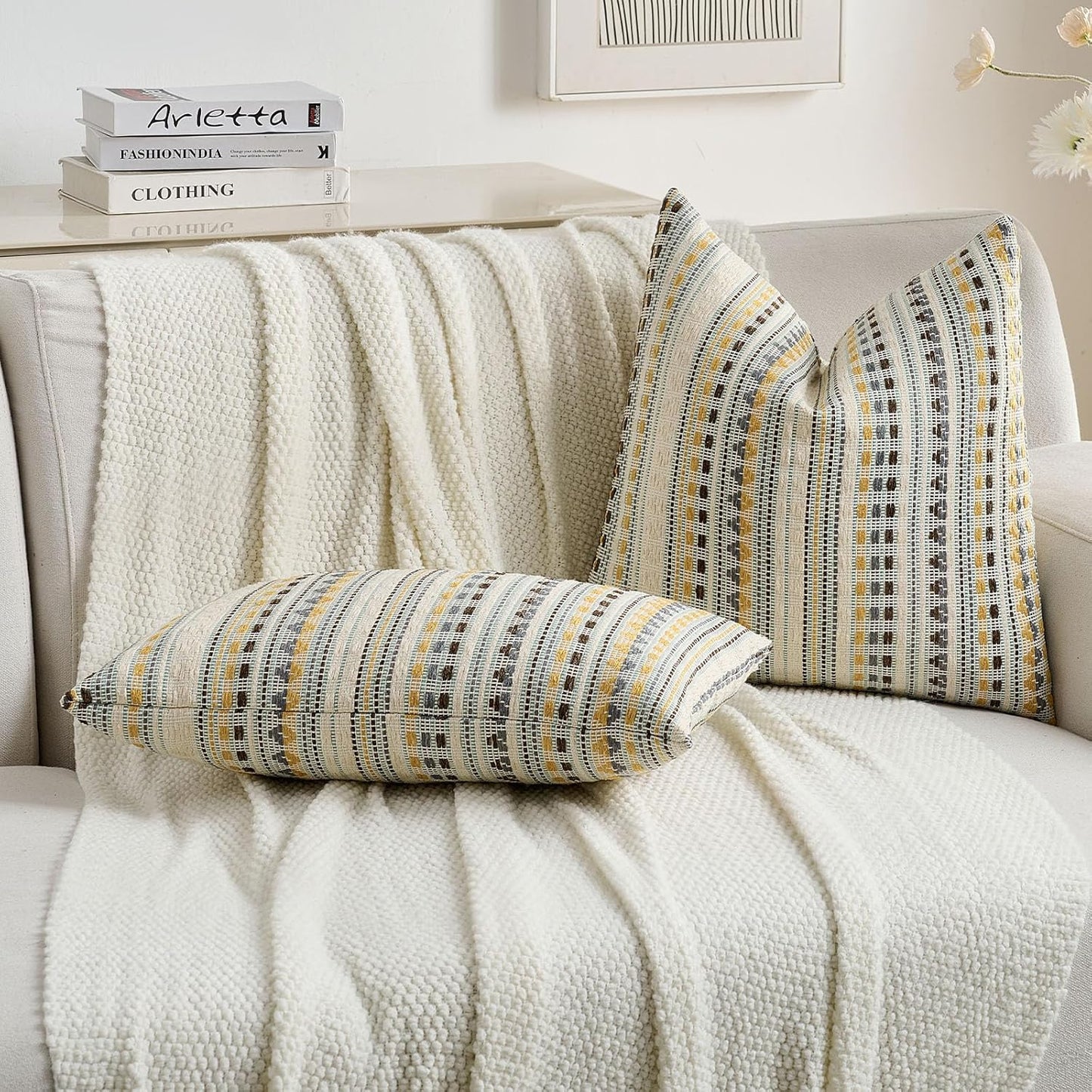 FUTEI Yellow Grey Decorative Throw Pillow Covers 18x18 Inch Set of 2,Soft Cozy Chenille Jacquard Textured Cushion Case,Boho Home Decor for Couch Bed Living Room