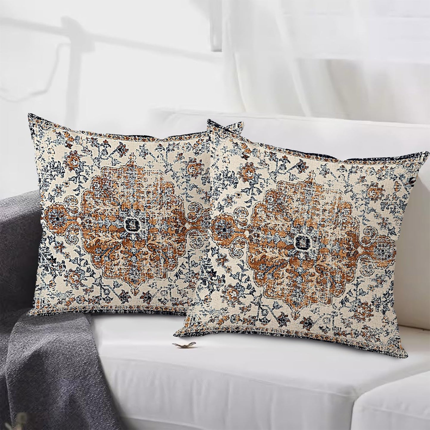 Outdoor Waterproof Pillow Covers - 18x18 Inch Set of 2 Bohemian Vintage Carpet Pattern Pillow Covers with Gold Blue Ethnic Design for Decorative Farmhouse Couch, Garden, Balcony