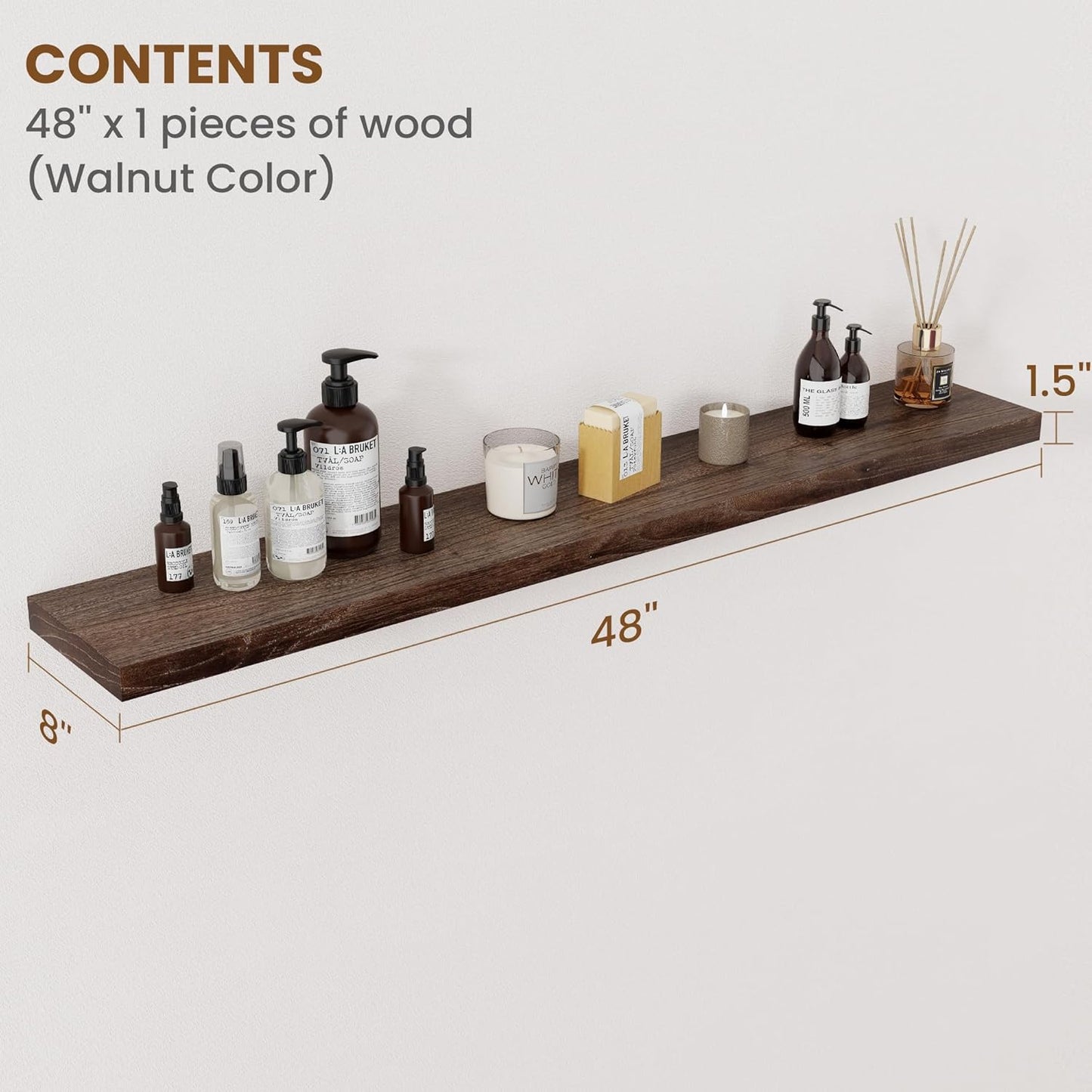 Floating Shelves for Wall Decor, 8 Inch Deep Rustic Solid Elm Wood Floating Shelves Wall Mounted, Wall Shelves with Invisible Bracket for Living Room Bathroom Bedroom Kitchen, 48 Inch Set of 1, Walnut