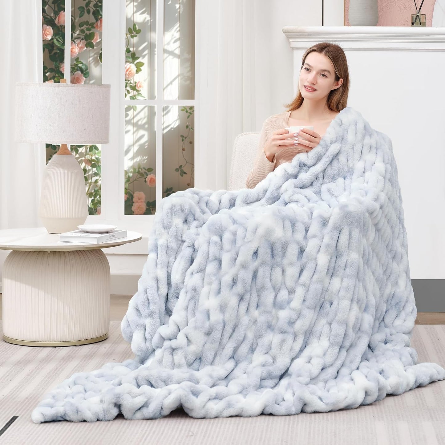 Touchat Ruched Faux Rabbit Fur Throw Blanket, 700 GSM Luxury Dual-Sided Soft Cozy Blanket, Fuzzy Fluffy Plush Blanket for Bed, Couch and Sofa - 50"x60", Tie-dye Blue