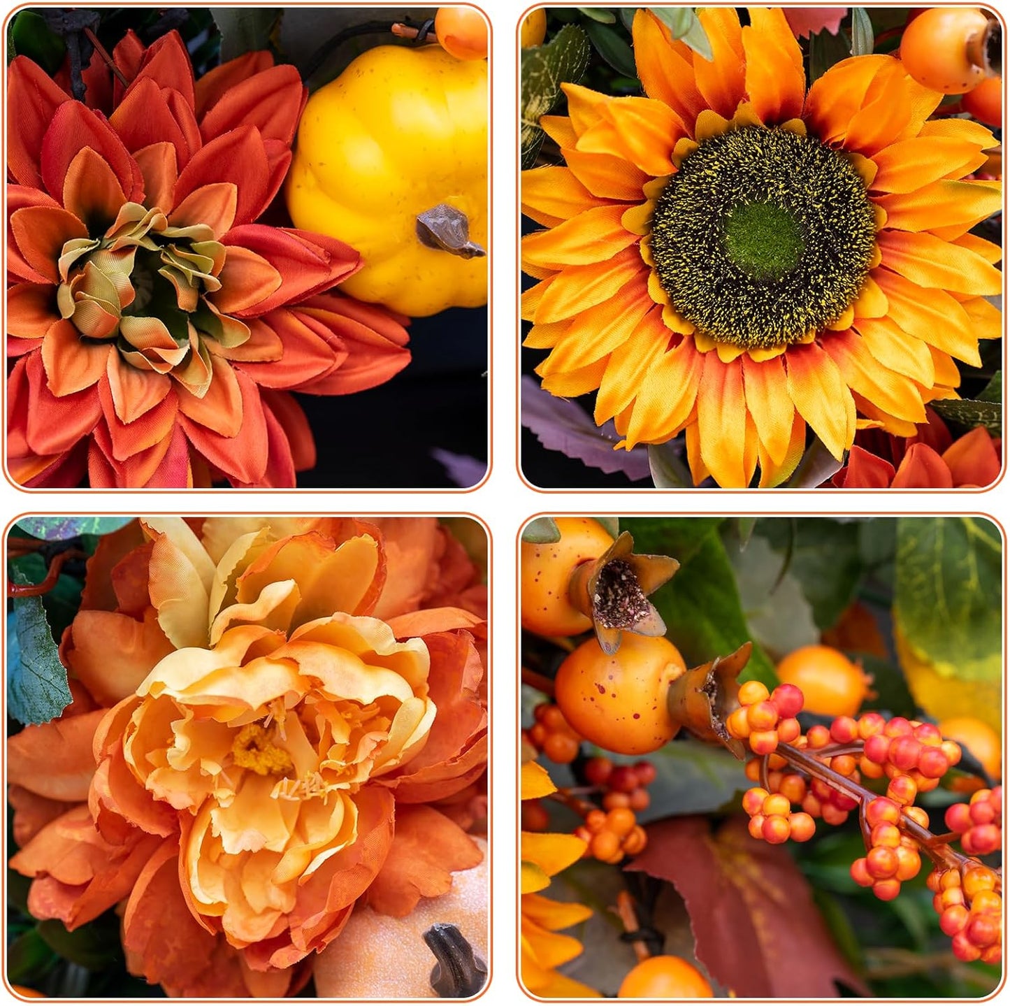 Fall Wreaths for Front Door 24 Inch Autumn Wreath with Sunflowers, Orange Dahlias, Maple Leaves & Berries – Fall Door Wreath for Outdoor or Indoor Thanksgiving Decor