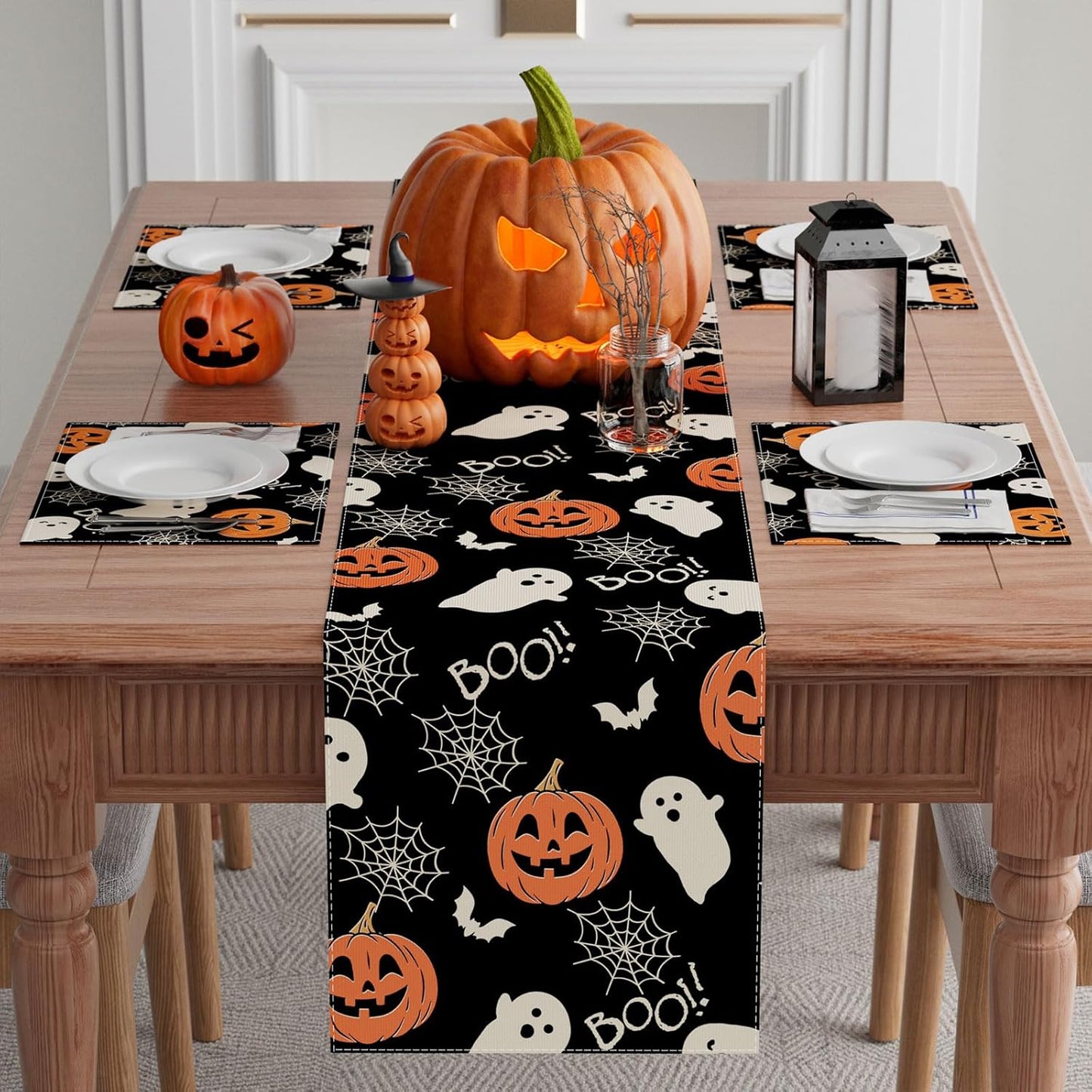 XCHI Boo Spooky Ghost Pumpkin Halloween Table Runner Burlap Table Decoration for Home Kitchen Dining Dinner Indoor Holiday Farmhouse Decor 13x48 Inch