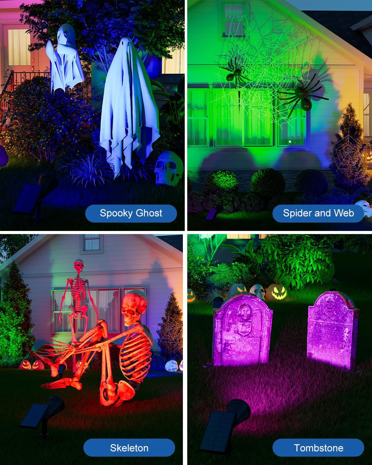 2 Pack Color Change Halloween Solar Spotlights Outdoor Rainbow Waterproof Landscape Uplights for Outside Decor, Skeletons, Ghost, Witch, Accent Lighting for Wall, House, Patio, Path, Pool, Walkway