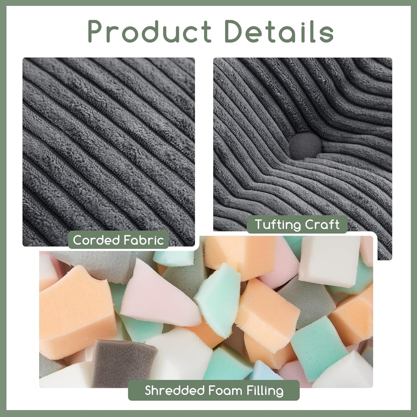 HIGOGOGO Square Stuffed Pouf Ottoman, Corduroy Poufs with Foam Chunk Filling, Furry and Fluffy Pouf Foot Stool Storage Ottoman, 21 X 21 Floor Poufs Foot Rest for Living Room, Dark Grey