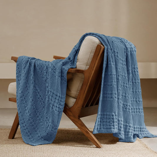 PHF 100% Cotton Waffle Weave Throw Blanket, Soft Lightweight Breathable Cozy Summer Throws for Couch Bed Sofa, Luxury Aesthetic Woven Blanket for Home Decor & Office, 50"x60", Captain's Blue