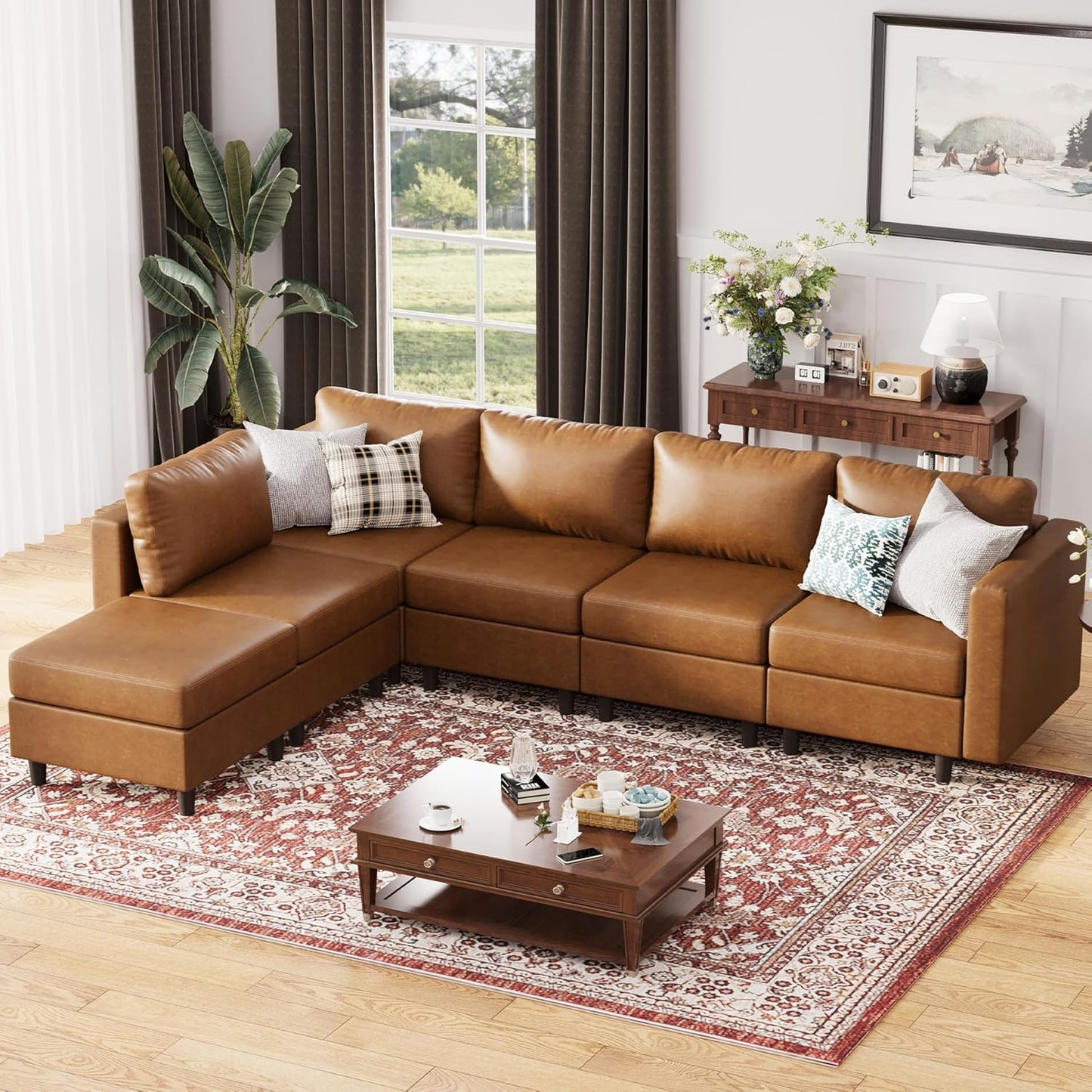 ABCASA 118.5" Faux Leather Modular Sectional Sofa, L Shaped Couch Set for Living Room, 6-Seater Comfy Cloud Couches with Movable Storage Ottoman Brown