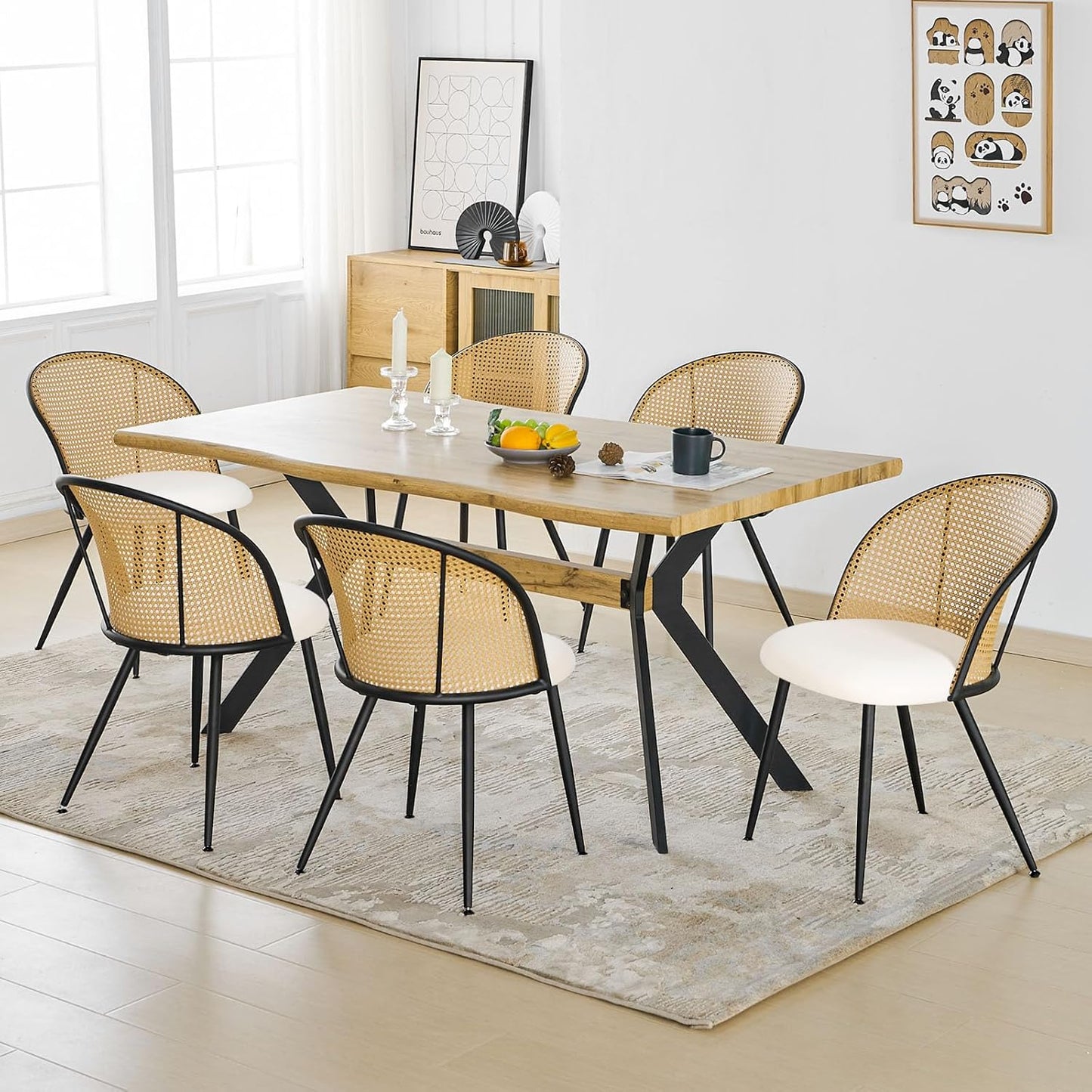 Dining Chairs Set of 6, Mid Century Modern Dining Room Chairs with Rattan Back, Faux Leather Kitchen Dining Chairs Farmhouse Armless Mesh Cane Back Side Chairs with Metal Legs, White