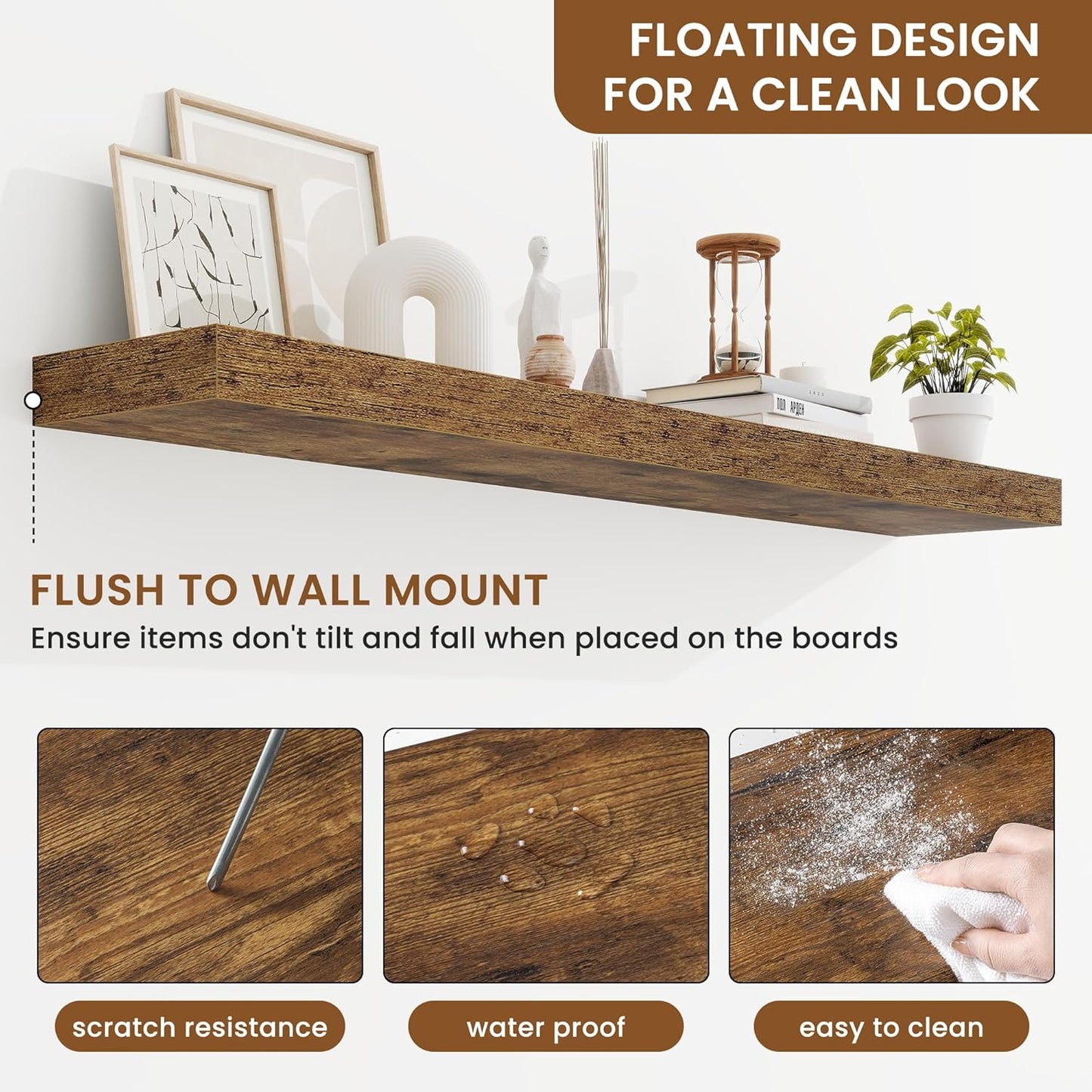 fuqing Floating Shelves for Wall, Bathroom Shelf Wall Mounted for Storage, Shelves with Invisible Bracket for Bedroom, Kitchen, Living Room, Farmhouse Small Book Shelf, 48 Inch Set of 2, Rustic Brown