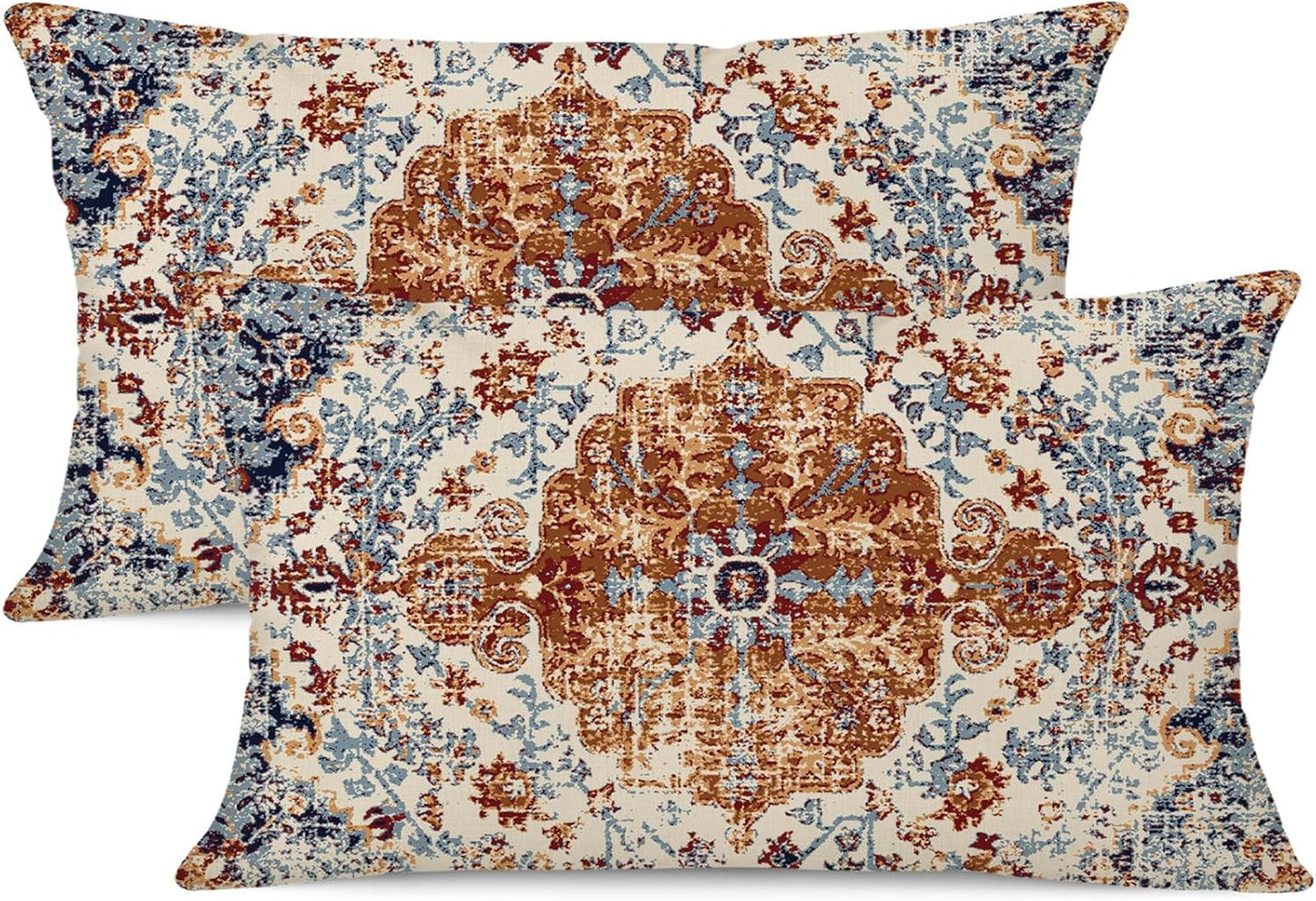 Outdoor Waterproof Pillow Covers 12X20 Inch Set of 2 Bohemian Vintage Carpet Pattern Pillow Covers Brown Blue Ethnic Design Decorative Farmhouse Pillow Covers for Couch Garden Balcony