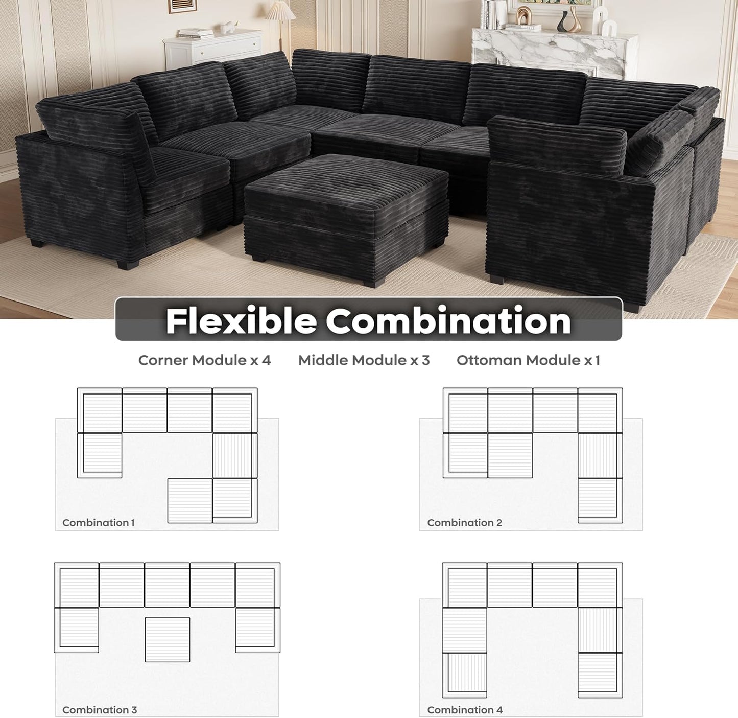 ovios Sectional Sofa Couch with U-Shape Chaise Sofa Bed, Comfy Modular Cloud Couches with Deep Seat, Modern Upholstered Plush Corduroy Sofas Set for Living Room, 8-Seater, Black