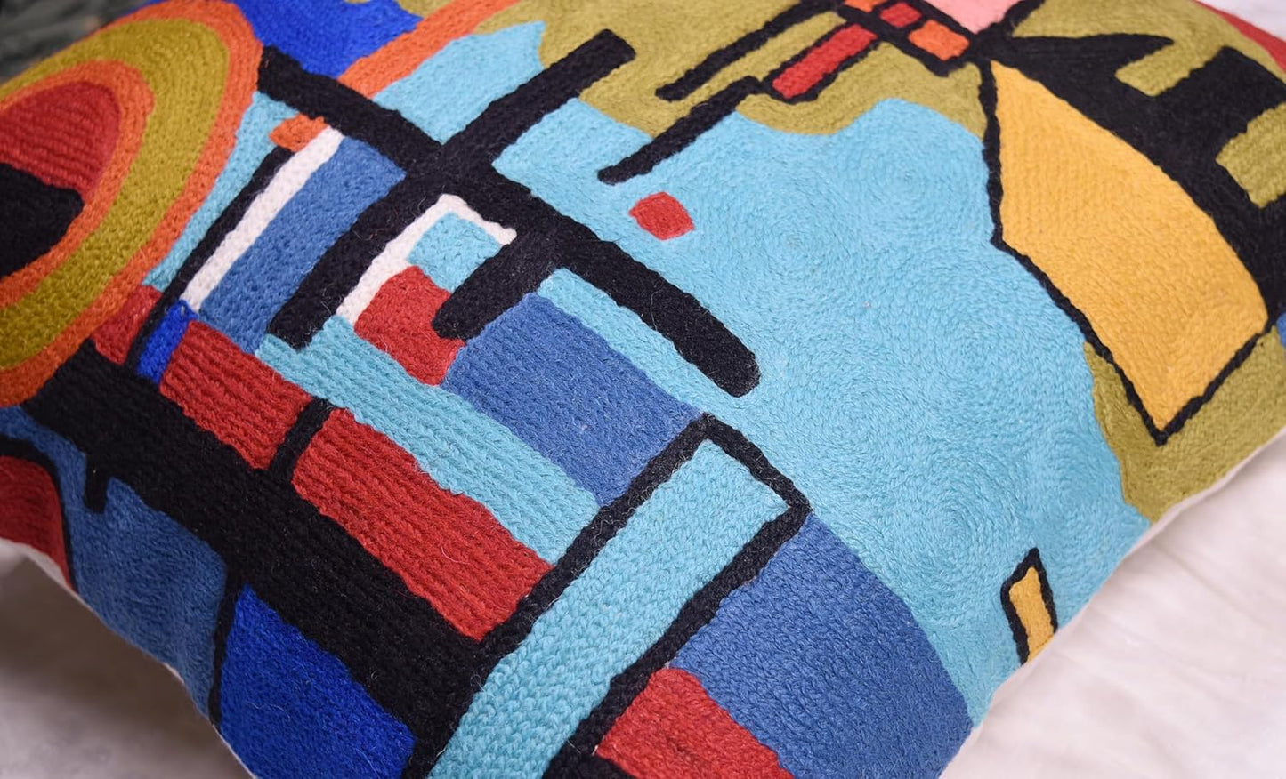 Kandinsky Upwards Abstract Pillow Cover Blue Decorative Throw Pillowcase Modern Chair Cushion Contemporary Accent Pillowsham Couch Handembroidered Wool Size 18x18