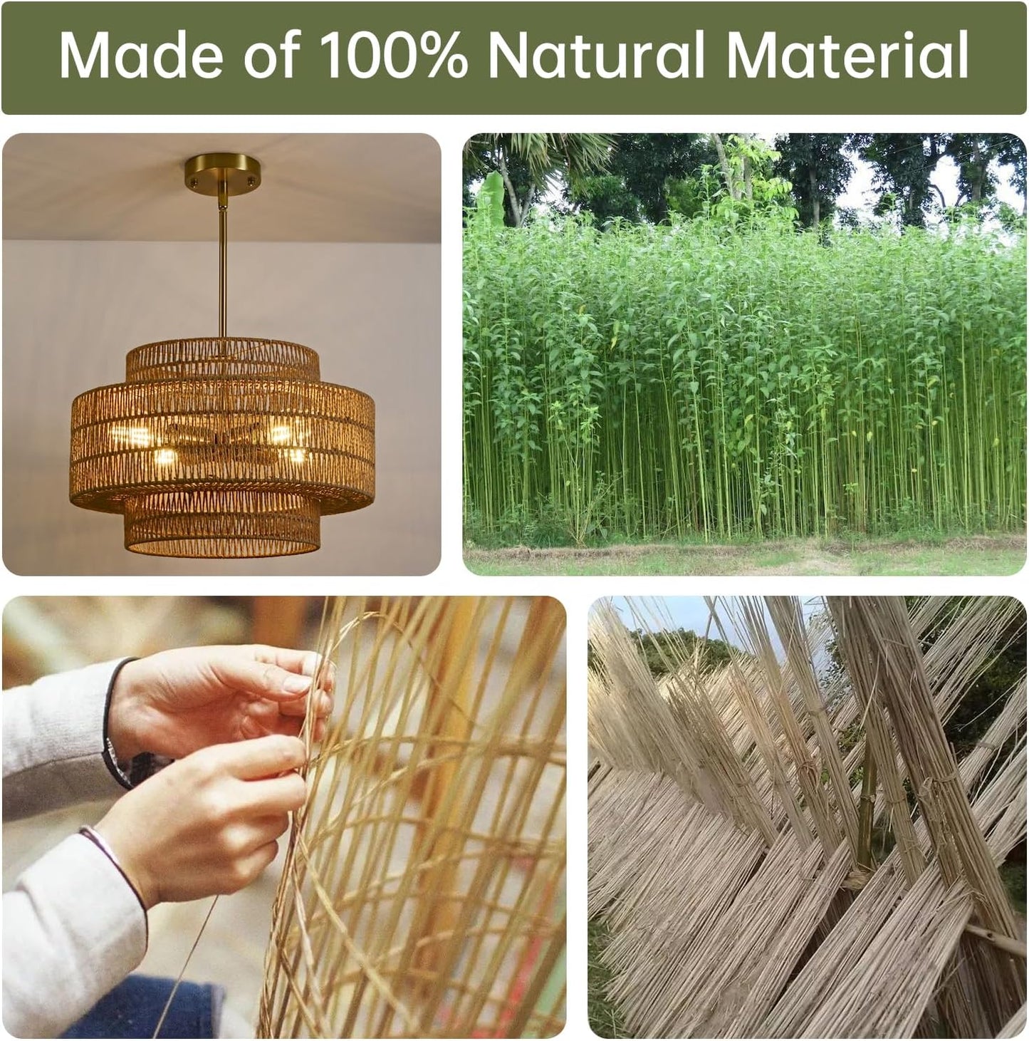 4-Light Boho Rattan Chandelier Light Fixture, 17.7” Hand Woven Rustic Chandeliers Farmhouse Chandelier Hanging Light for Dining Room Kitchen Island, Living Room, Foyer