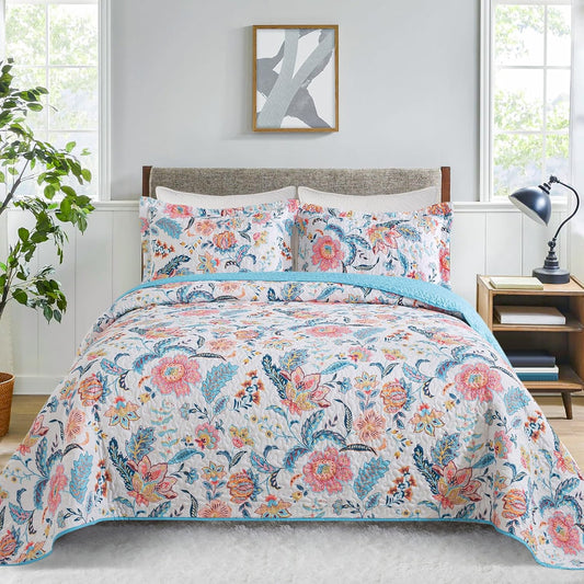 VAPUTAR Garden Queen Size Quilt Bedding Set for Adults - Farmhouse Queen Bedspread (90 x 98 inch) with 2 Pillow Shams - Lightweight Reversible Coverlet Quilt for Bedroom, 3 Pieces