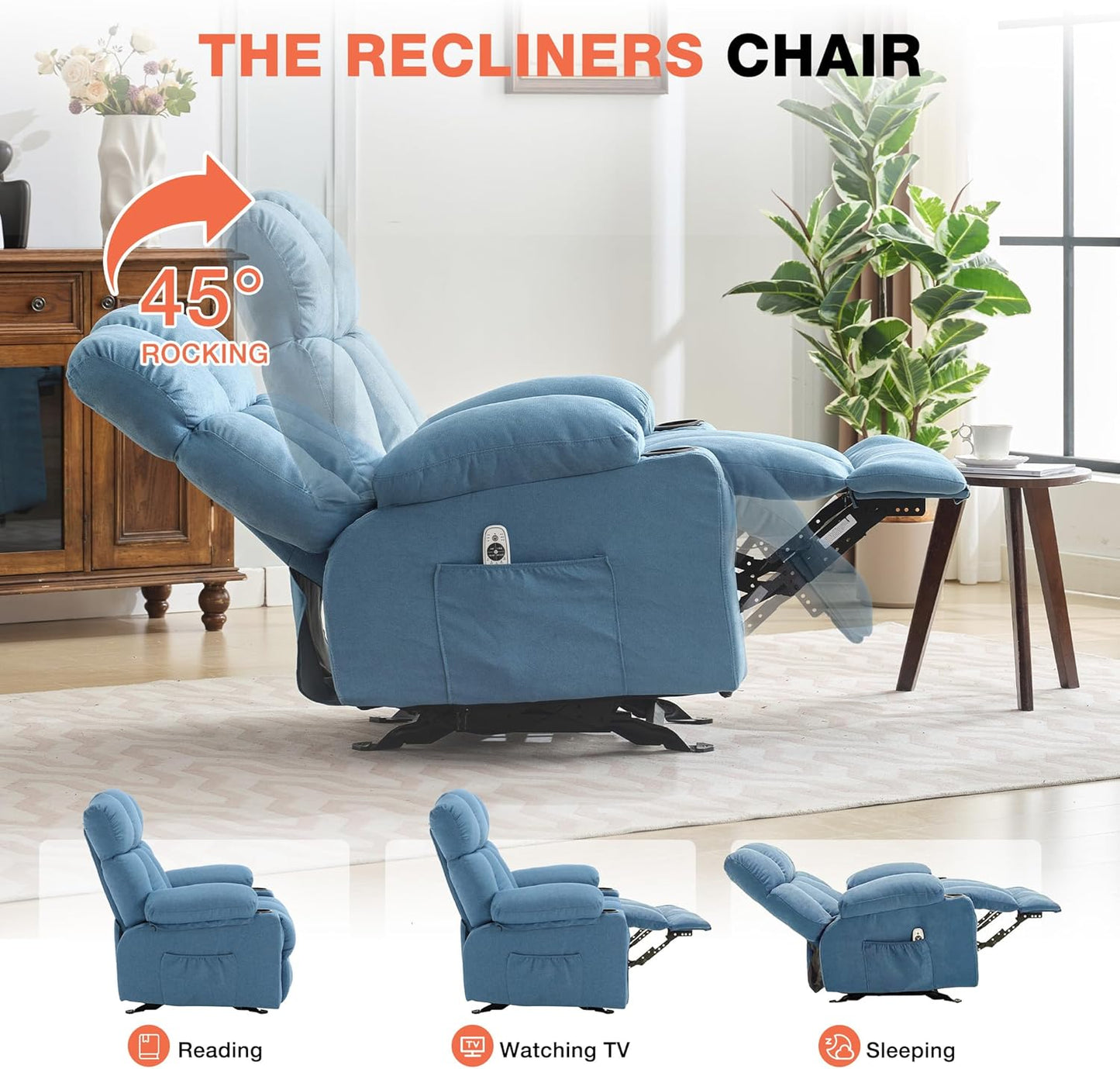 Massage Rocker Recliner Chair with Heat, Ergonomic Overstuffed Reclining Lounge Chair with Side Pockets, USB Charging Port, Sturdy Metal Frame, Comfortable Modern Design for Living Room