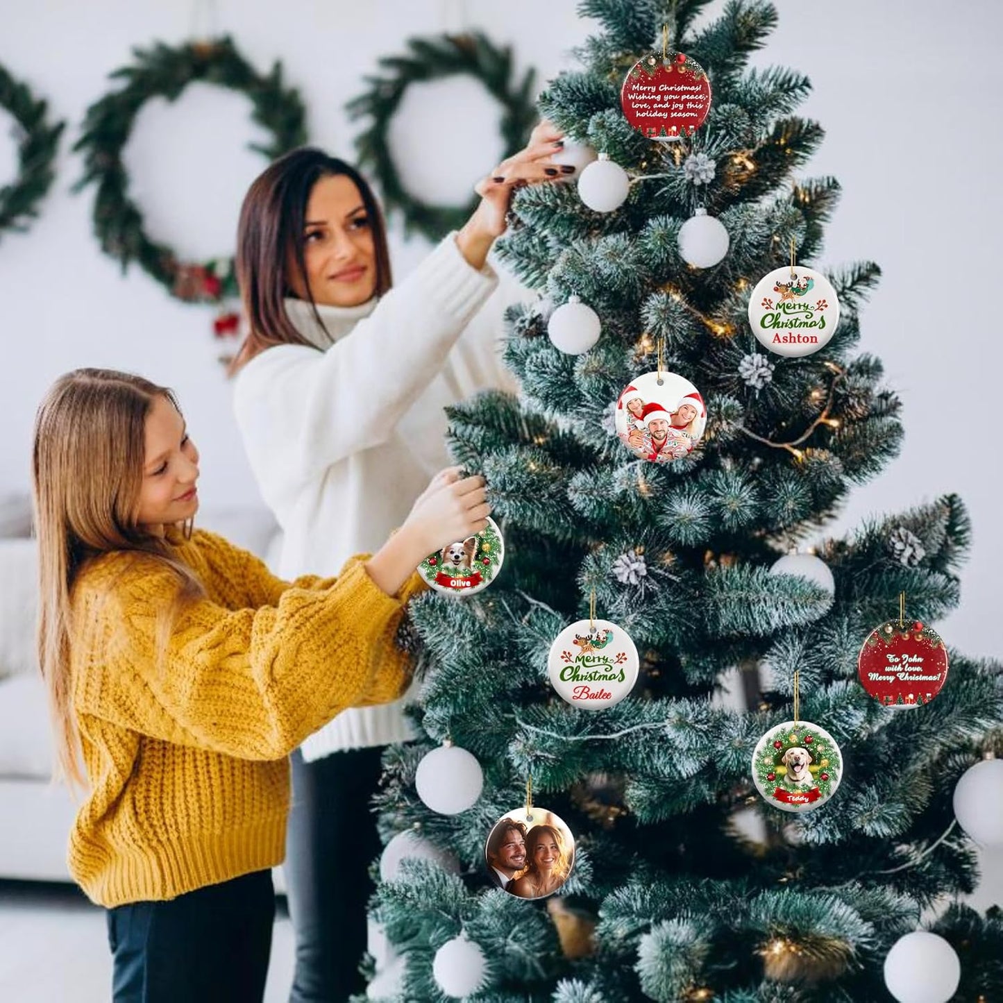 Personalized Christmas Ornaments 2025 - Custom Double-Sided Photo Ceramic Xmas Tree Hanging Decor, Unique for Family Friends (A04-Ceramic Style)