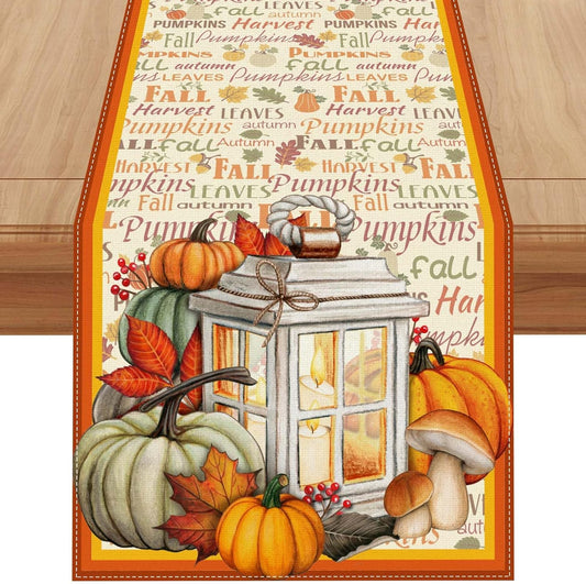 Linen Fall Table Runner - 60 Inch Farmhouse Fall Leaves Pumpkin Decor for Autumn Thanksgiving Home Kitchen Dining Room